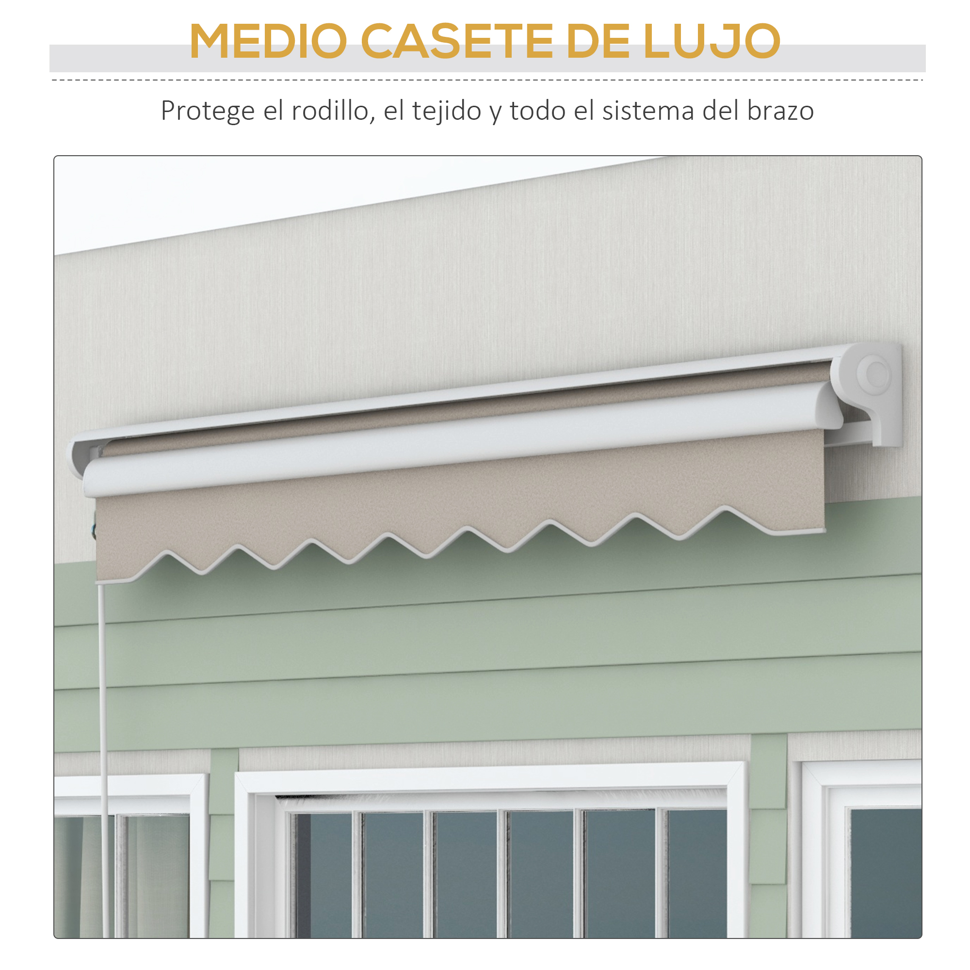 Una tela de toldo beige con borde festoneado está extendida. Soporte blanco.