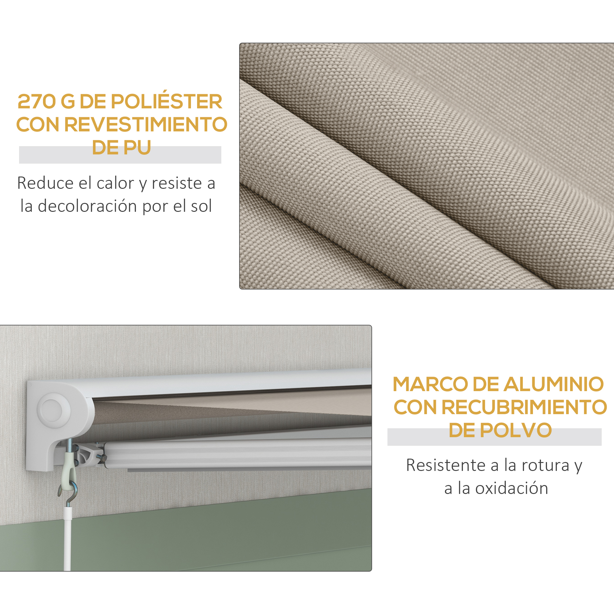 Rollo de tela beige y marco de aluminio con recubrimiento en polvo.