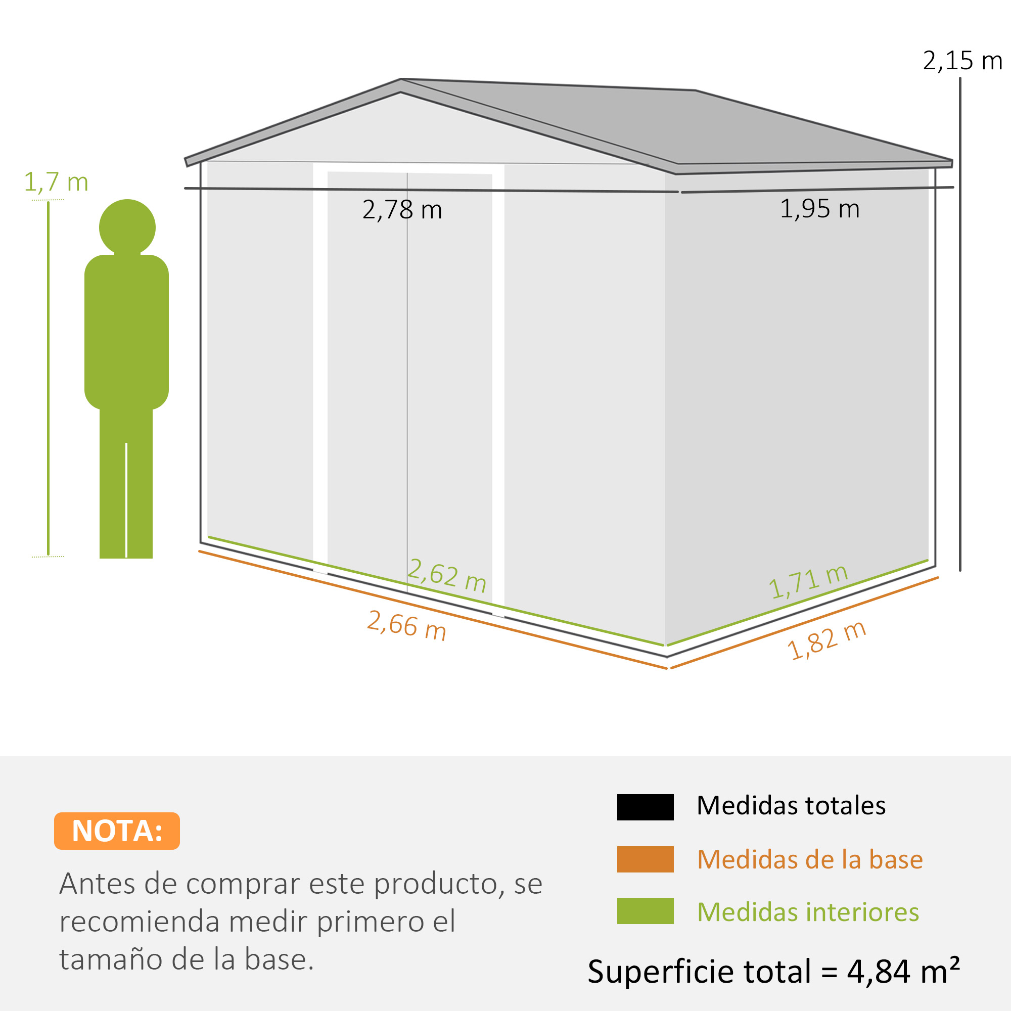 Esquema de un cobertizo con dimensiones y figura humana.