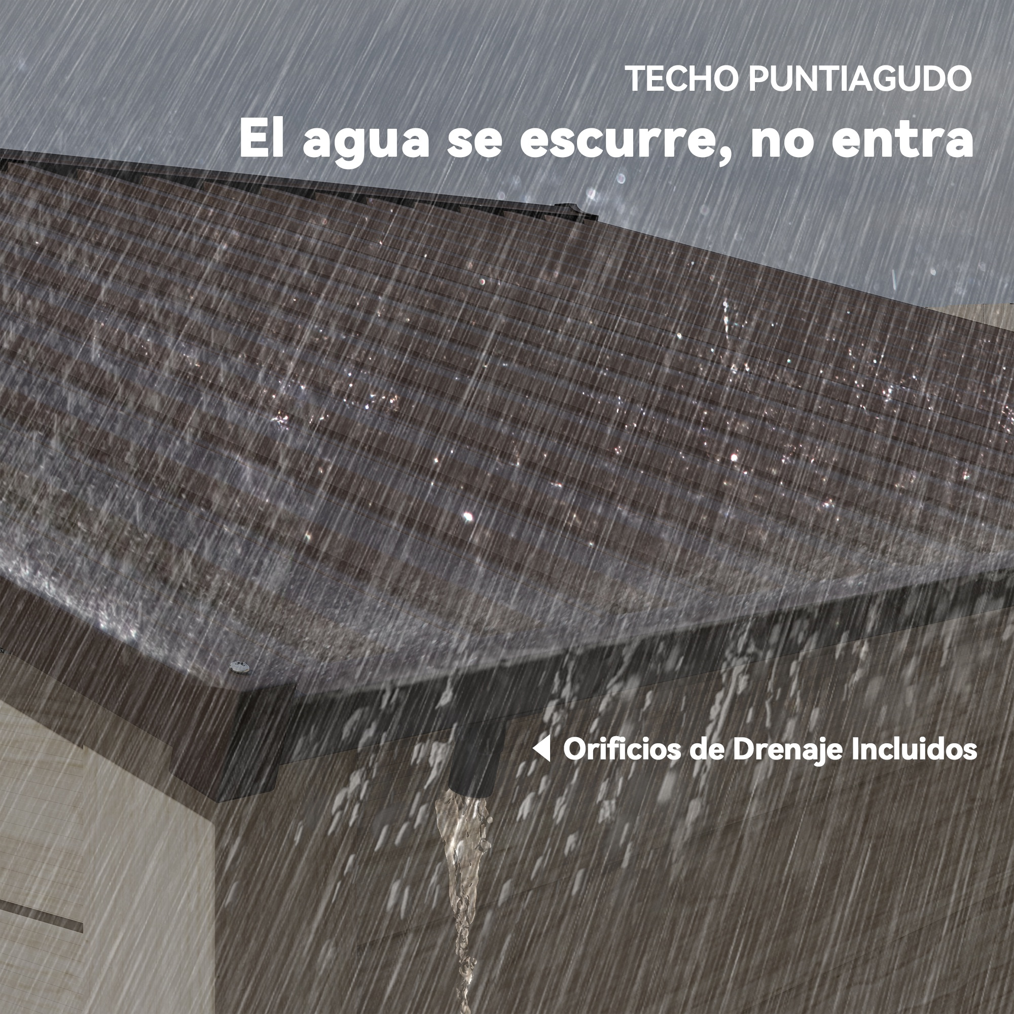 Techo inclinado bajo la lluvia con desagüe. "El agua se escurre, no entra."