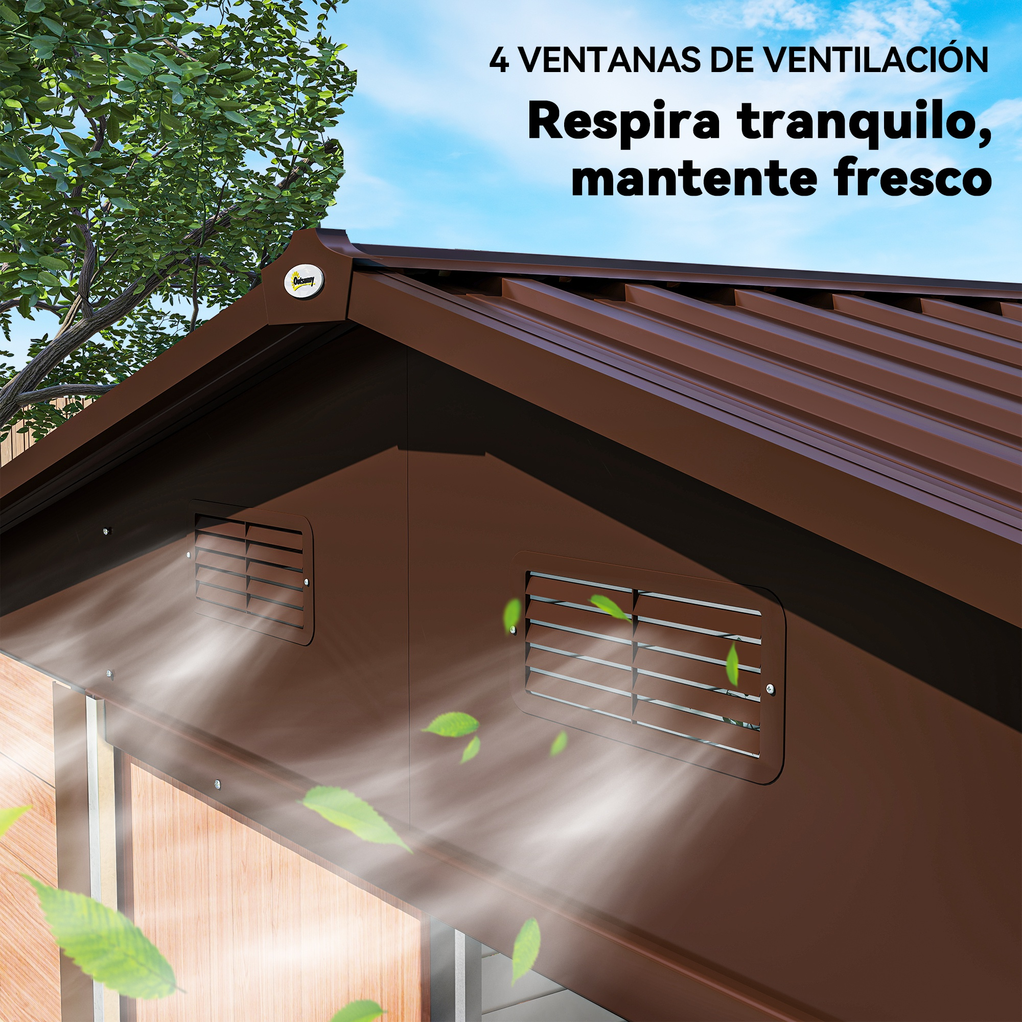 Techo marrón con rejillas de ventilación de las que sale humo. Árbol y cielo al fondo.