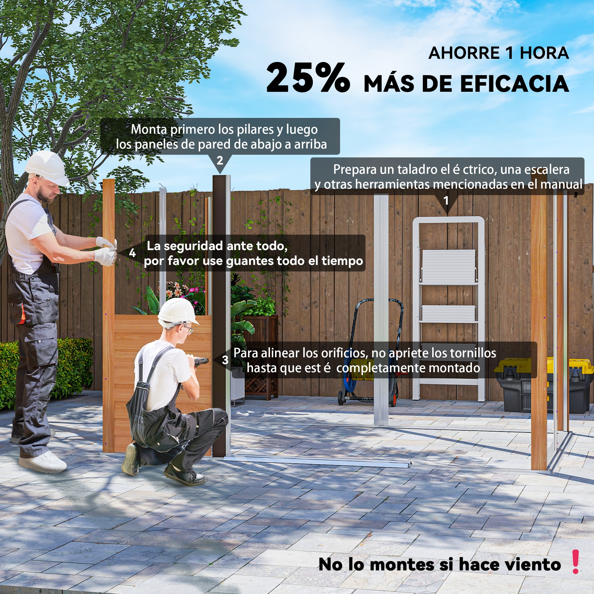 Dos hombres construyendo una valla, herramientas y escalera listas.