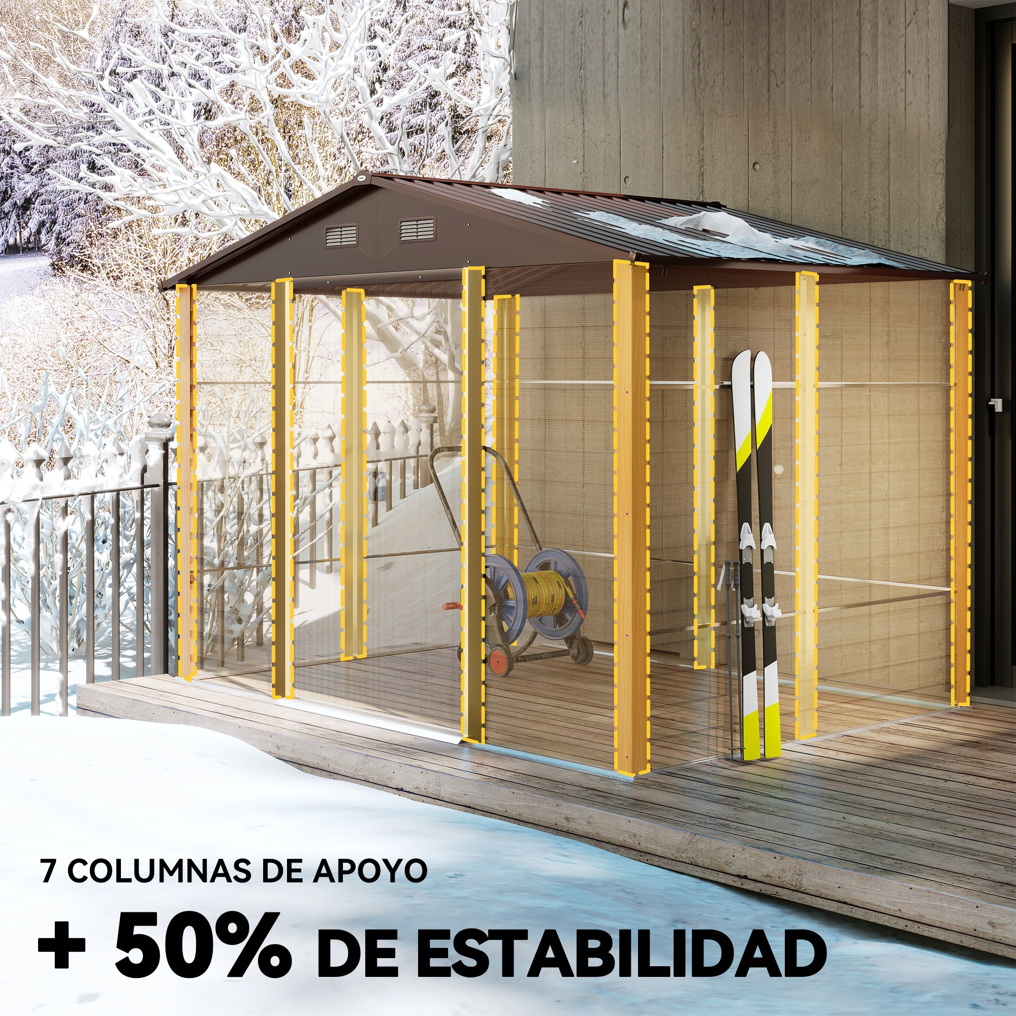 Un cobertizo con techo marrón que contiene esquís y una manguera de jardín.