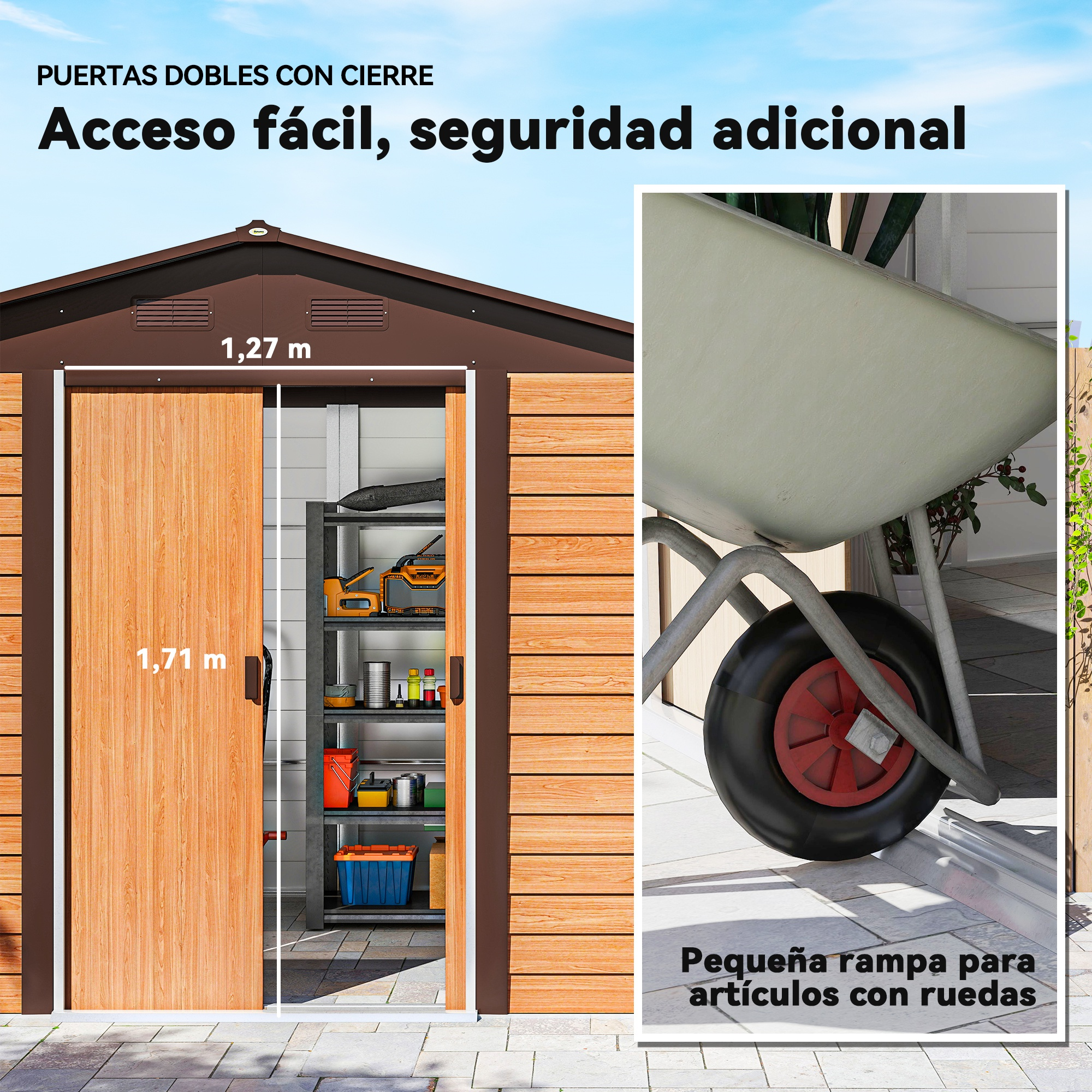 Cobertizo marrón con puertas de madera, herramientas y carretilla.