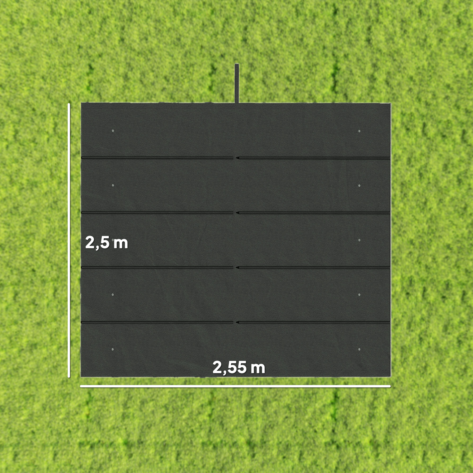 Estructura rectangular negra sobre césped verde con medidas de 2,5 m y 2,55 m.