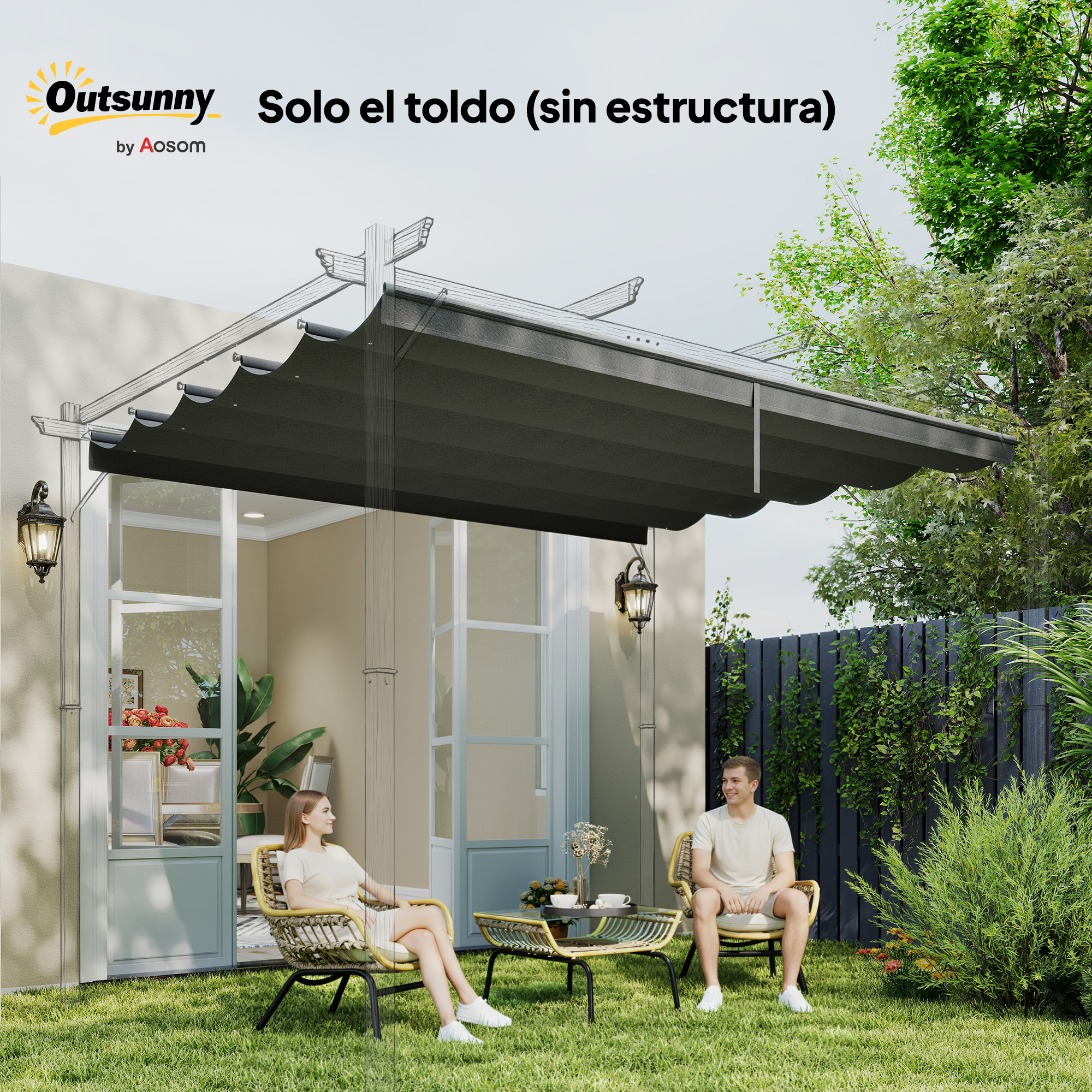 Una pareja se sienta en un jardín bajo un toldo oscuro. Una mesa está entre ellos.