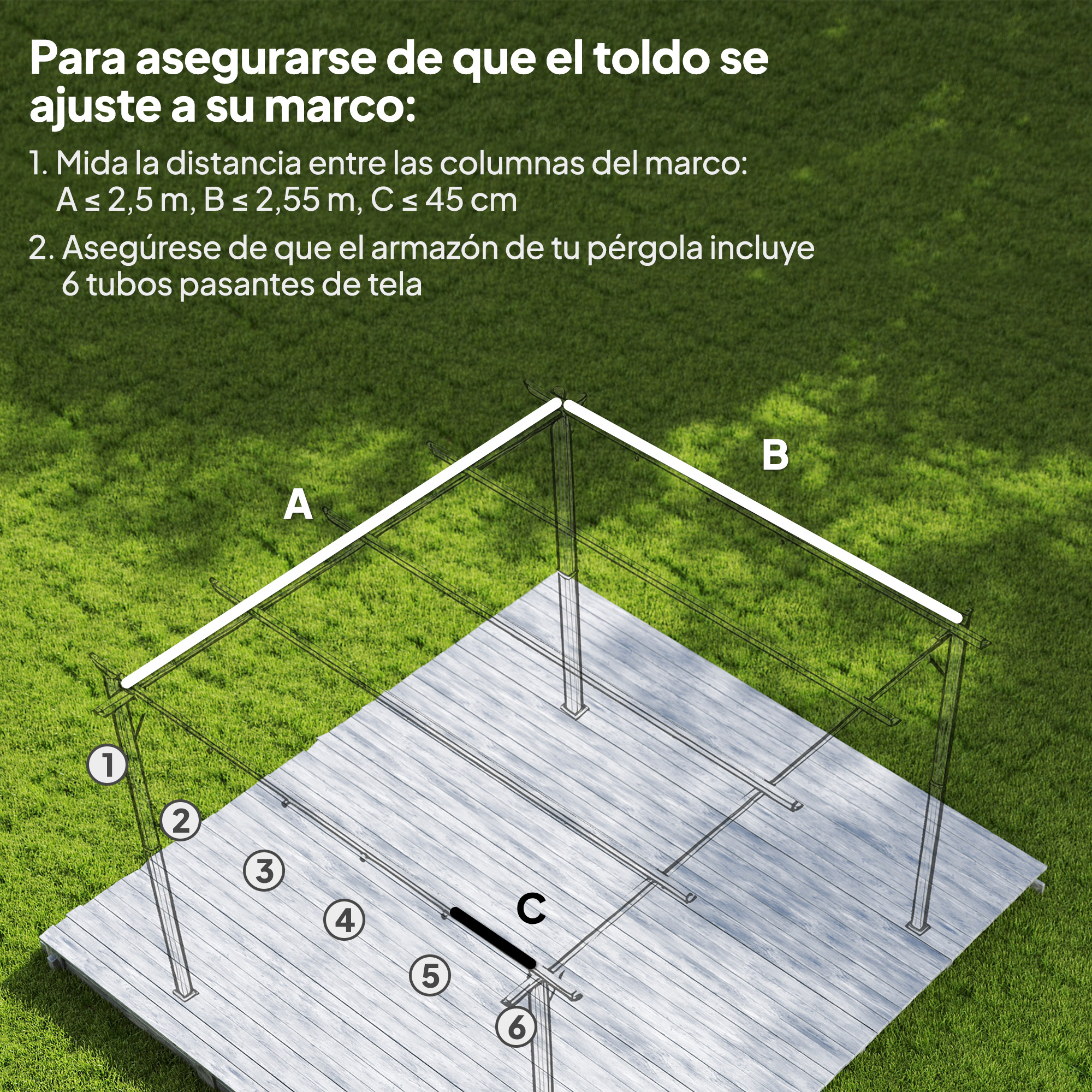 Un diagrama de un marco de pérgola con medidas e instrucciones de montaje.