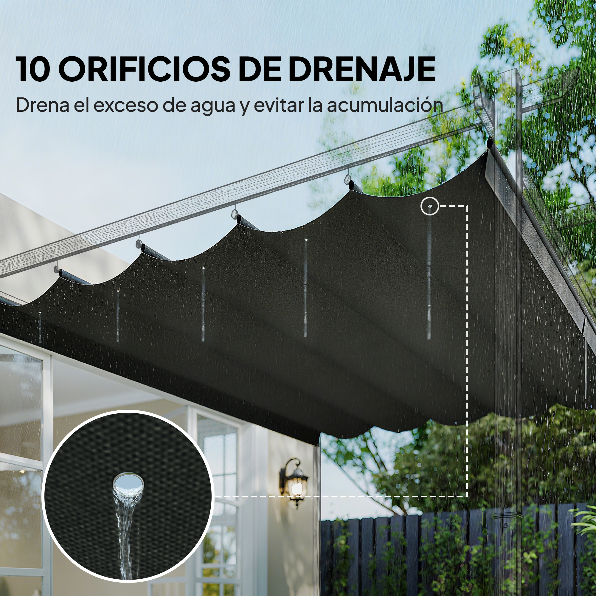 Un toldo oscuro con 10 orificios de drenaje bajo la lluvia. El agua gotea.
