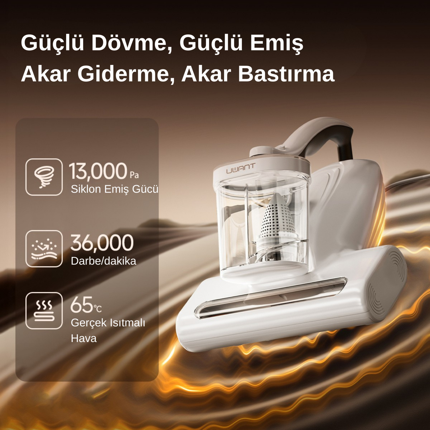 13.000 Pa emiş gücü, 36.000 darbe/dk ve 65°C ısıtmalı havaya sahip beyaz UWANT elektrikli süpürge.