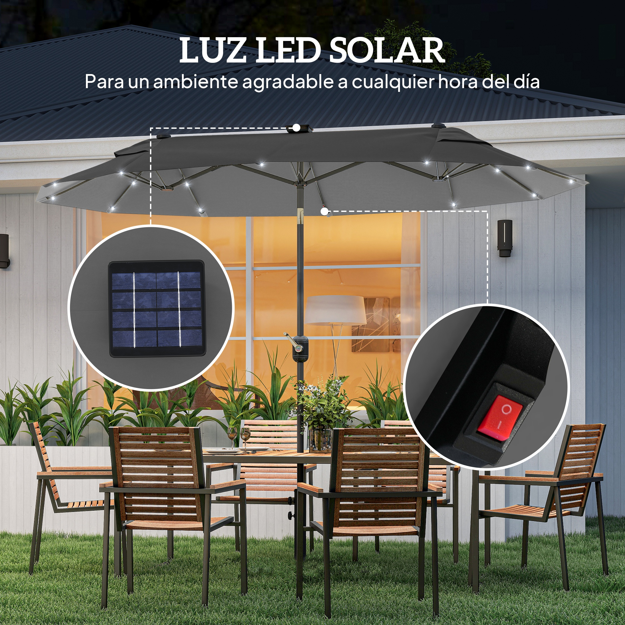 Un parasol con LEDs, panel solar y interruptor rojo ilumina un conjunto de comedor exterior.