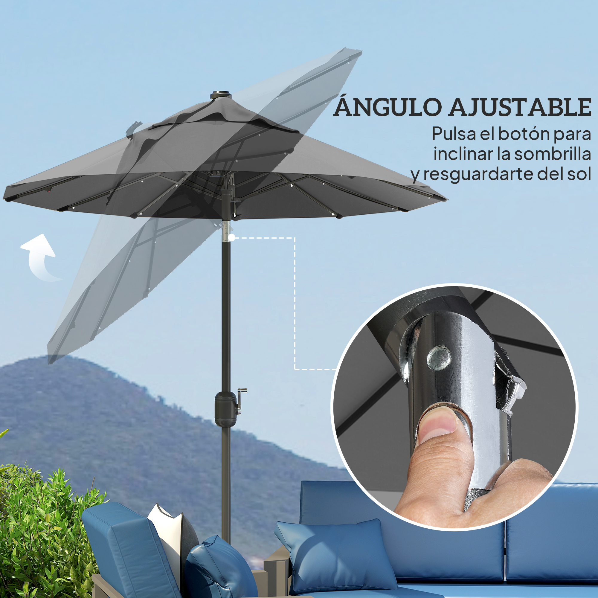Sombrilla gris de patio con ángulo ajustable sobre cojines azules.
