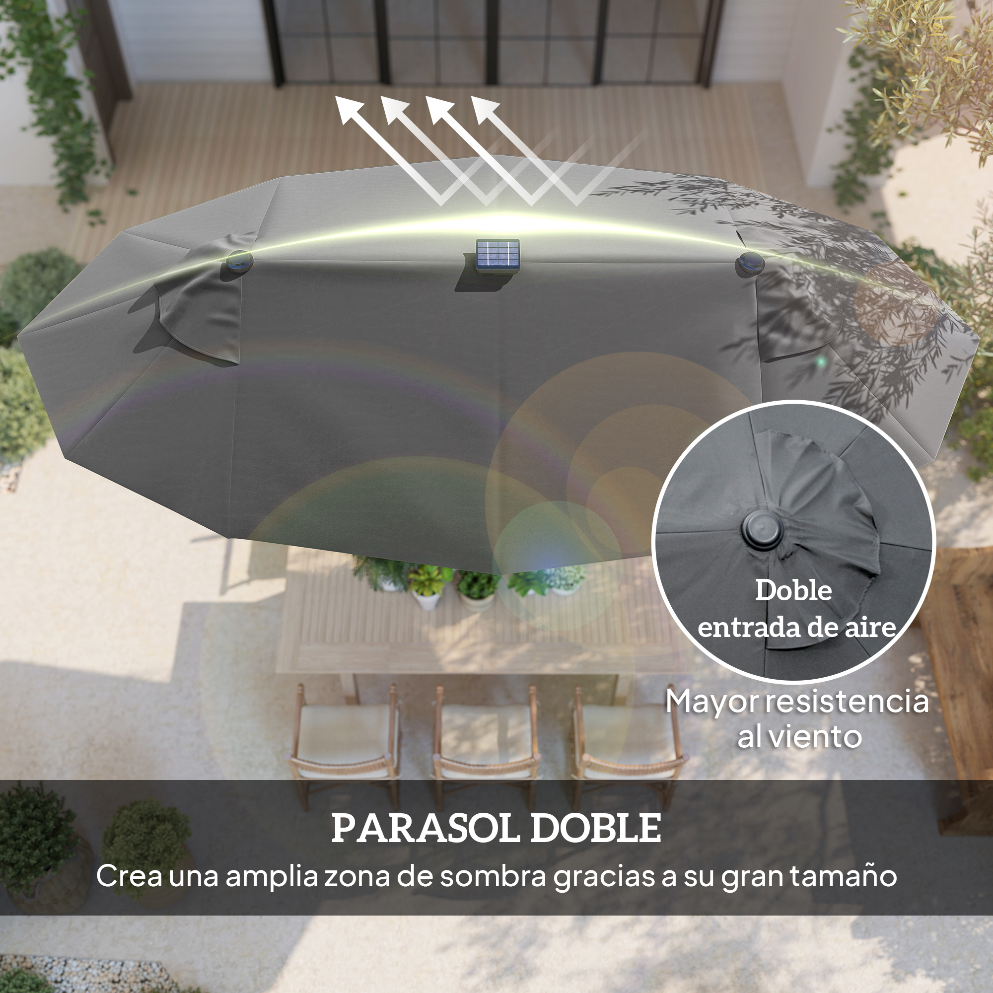 Parasol gris con panel solar, doble ventilación y resistencia al viento.