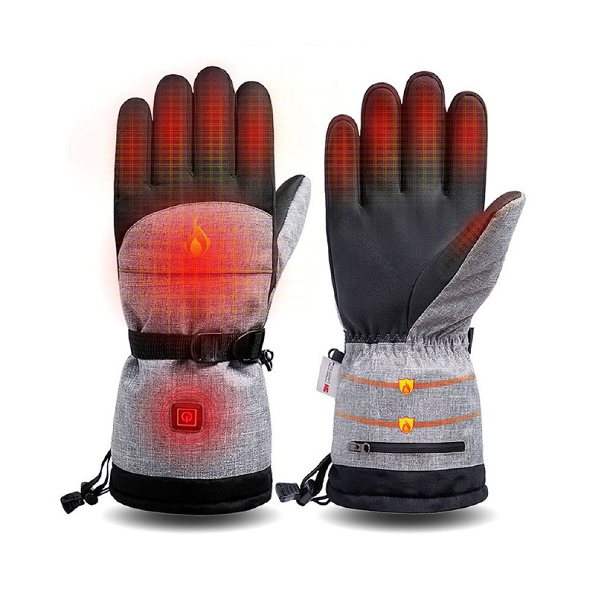 Un paio di guanti riscaldati grigi con palmi neri, che mostrano effetti di calore rossi.