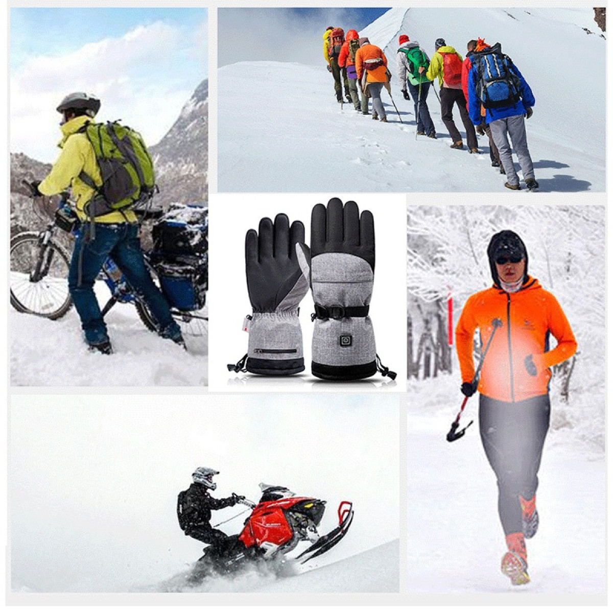 Collage di attività invernali: ciclismo, escursionismo, guanti, motoslitta, corsa.
