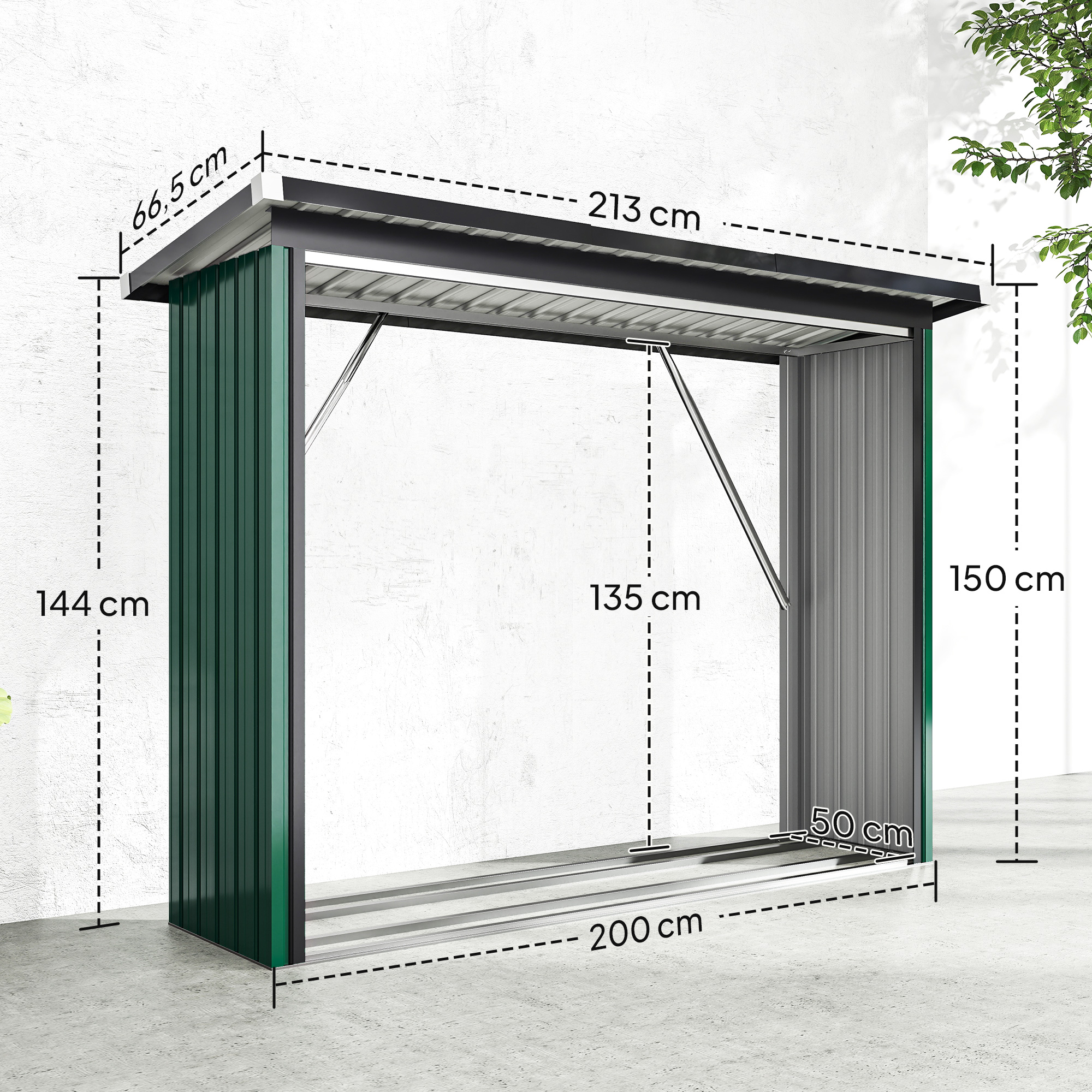 Cobertizo metálico verde con frente abierto. Se indican las dimensiones.