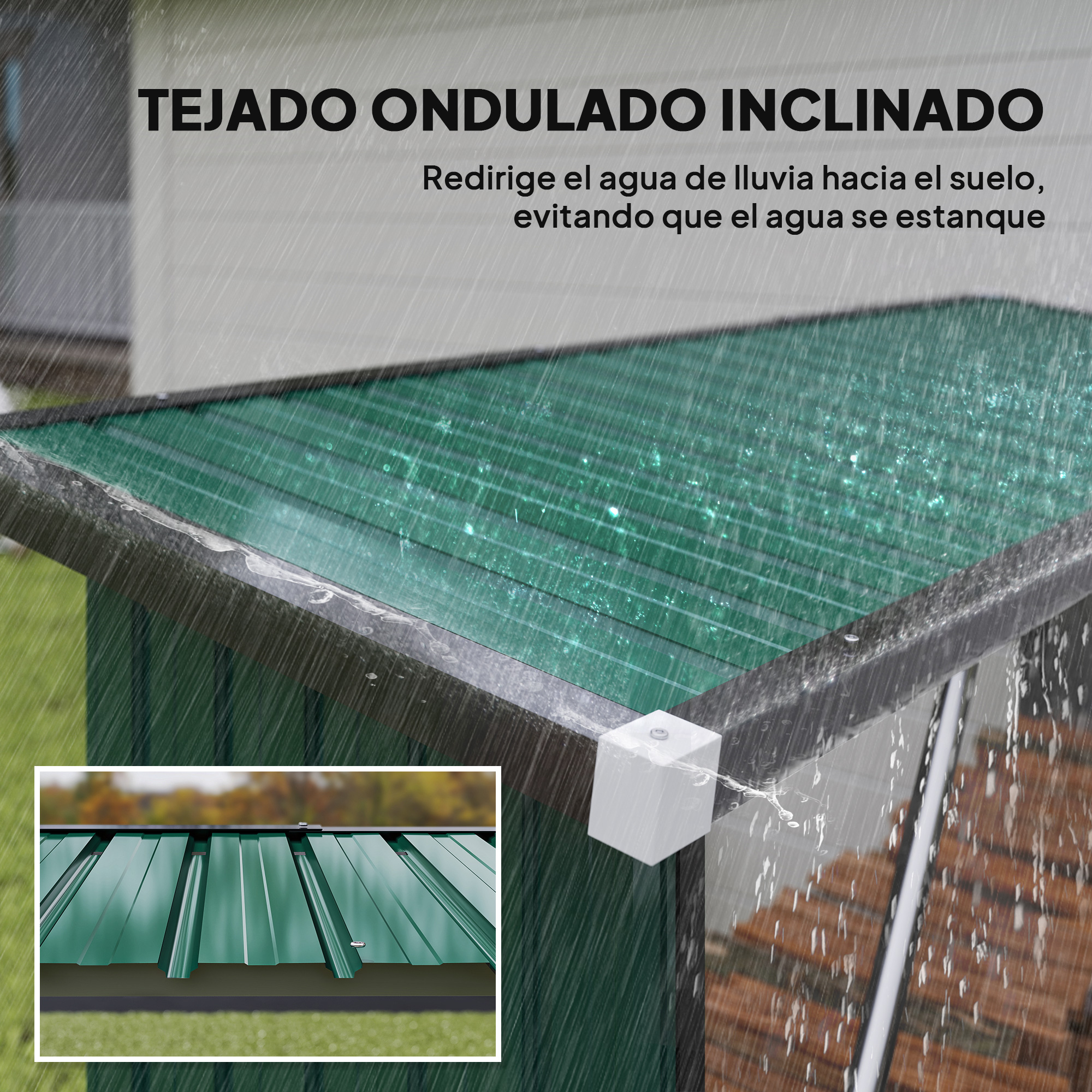 Tejado verde ondulado dirige el agua de lluvia. Primer plano con vista detallada.