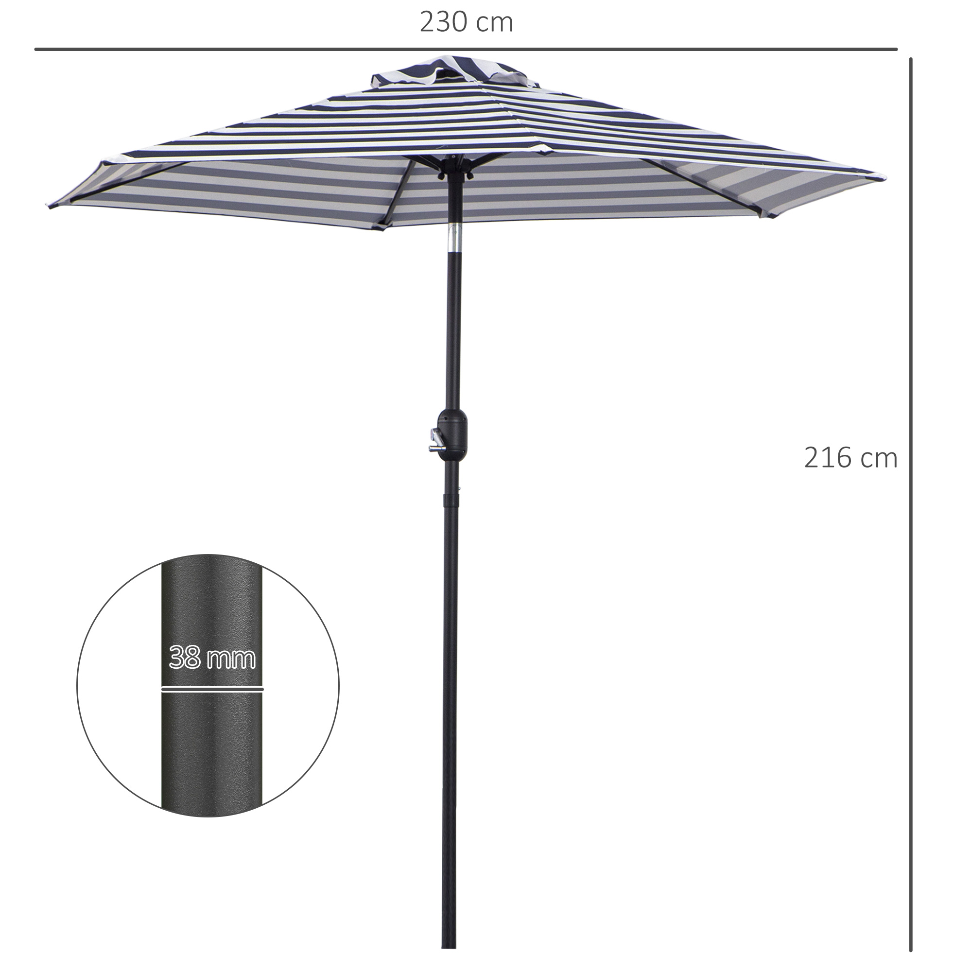 Un parasol a rayas, de 230 cm de ancho y 216 cm de alto, con mástil de 38mm.