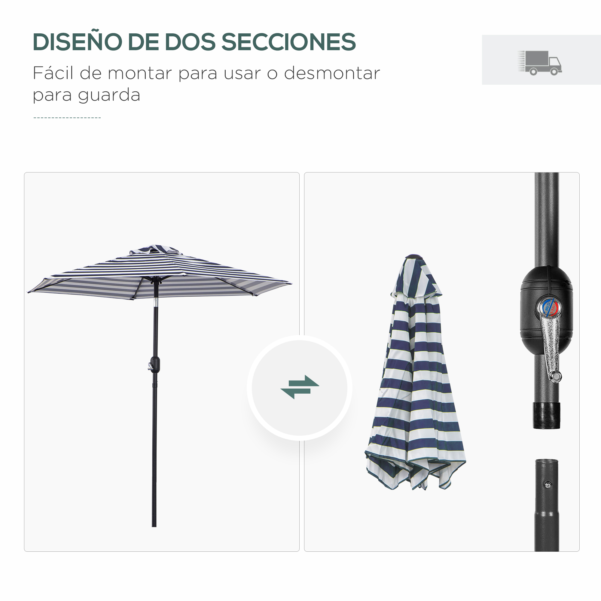 Un paraguas a rayas, abierto y cerrado, con primer plano del mecanismo de la manija.