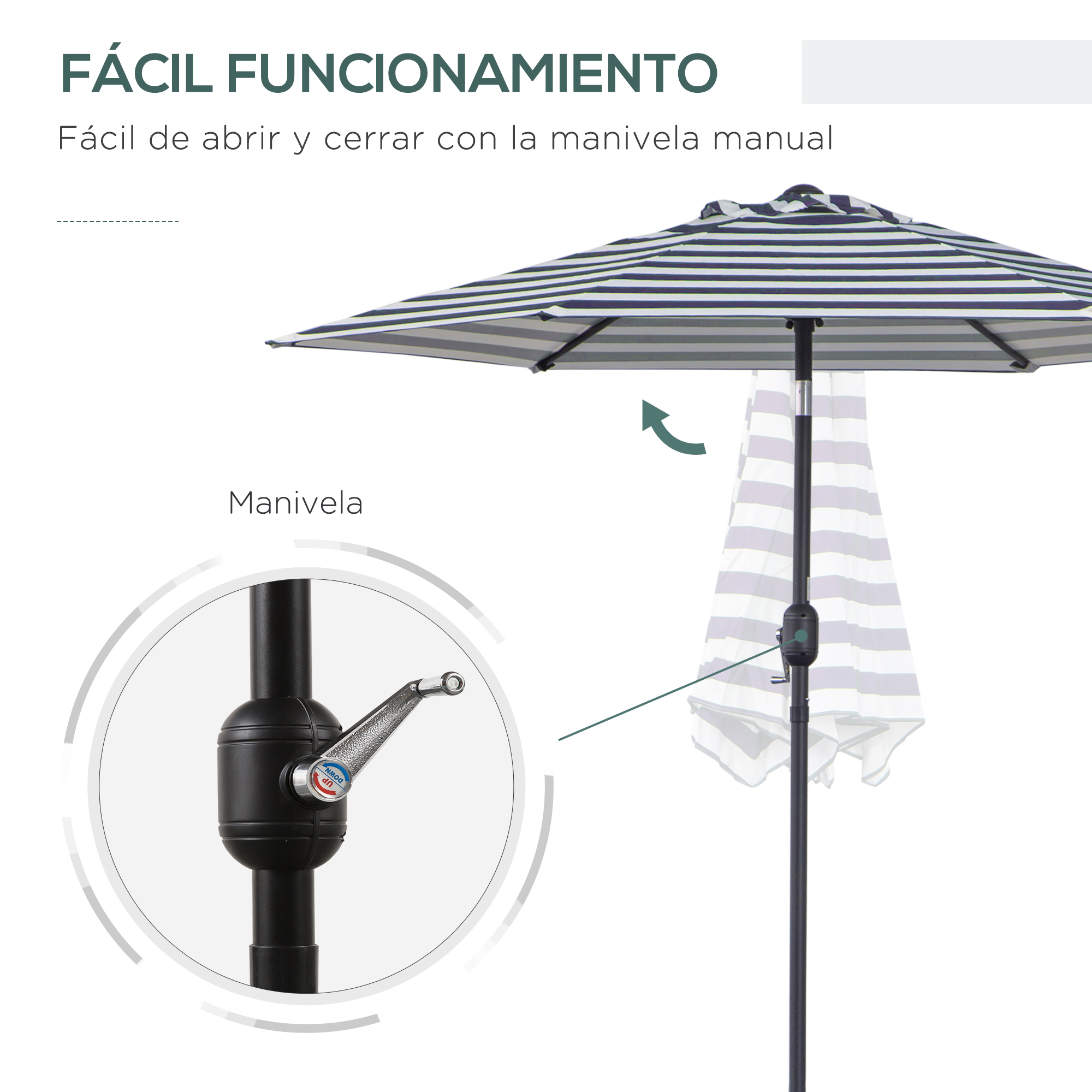 Un parasol a rayas con manivela para abrir y cerrar fácilmente.