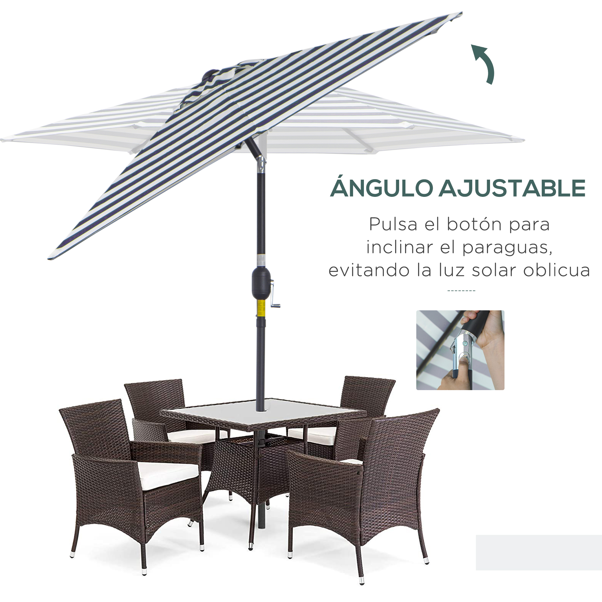 Una mesa de patio con cuatro sillas de mimbre bajo una sombrilla a rayas.