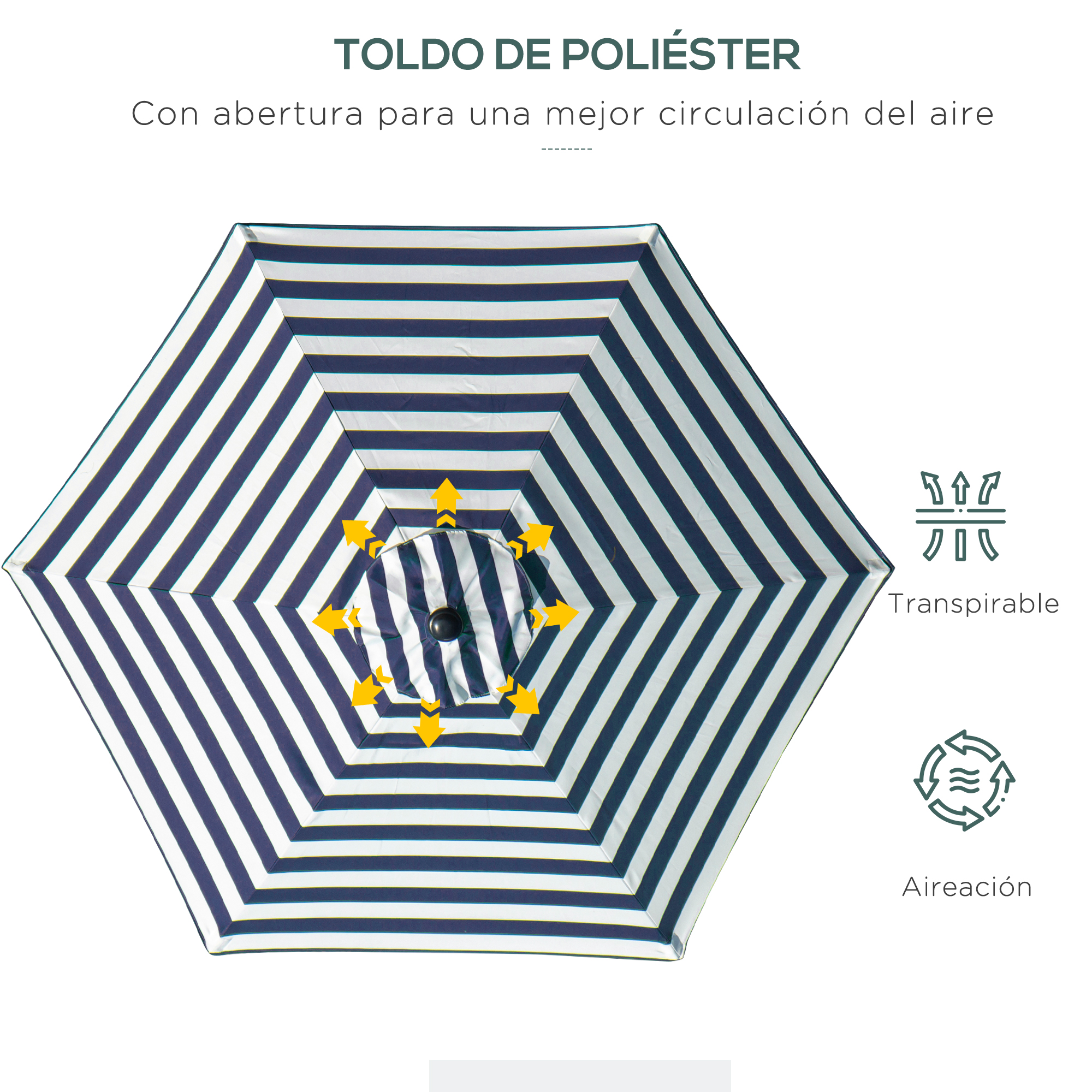Sombrilla a rayas azules y blancas con ventilaciones y flechas.