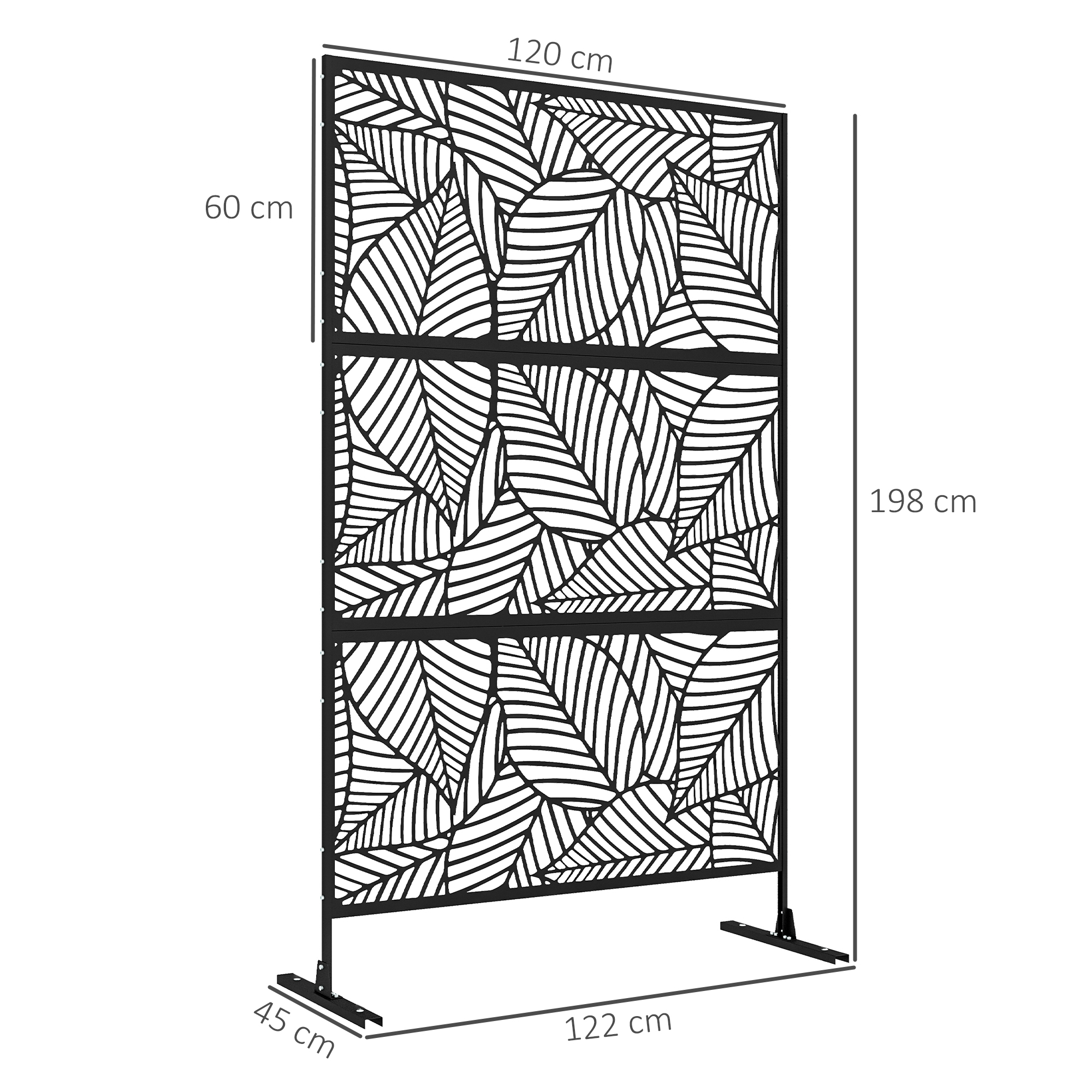 Biombo negro con estampado de hojas, 120x198 cm, con medidas.