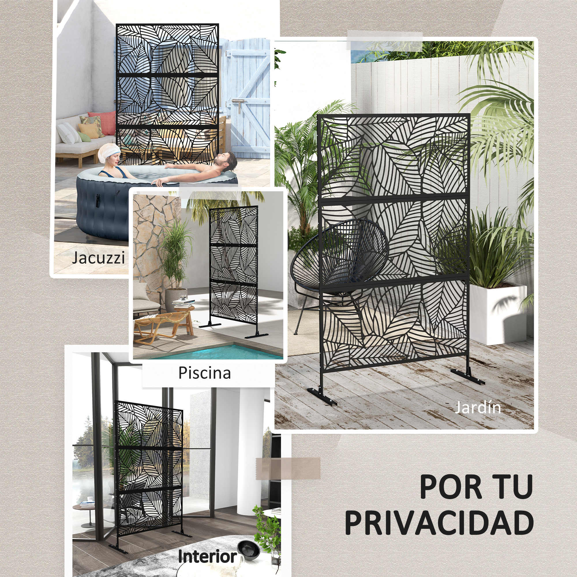 Un divisor de habitaciones negro con diseño de hojas está al aire libre y en interiores.