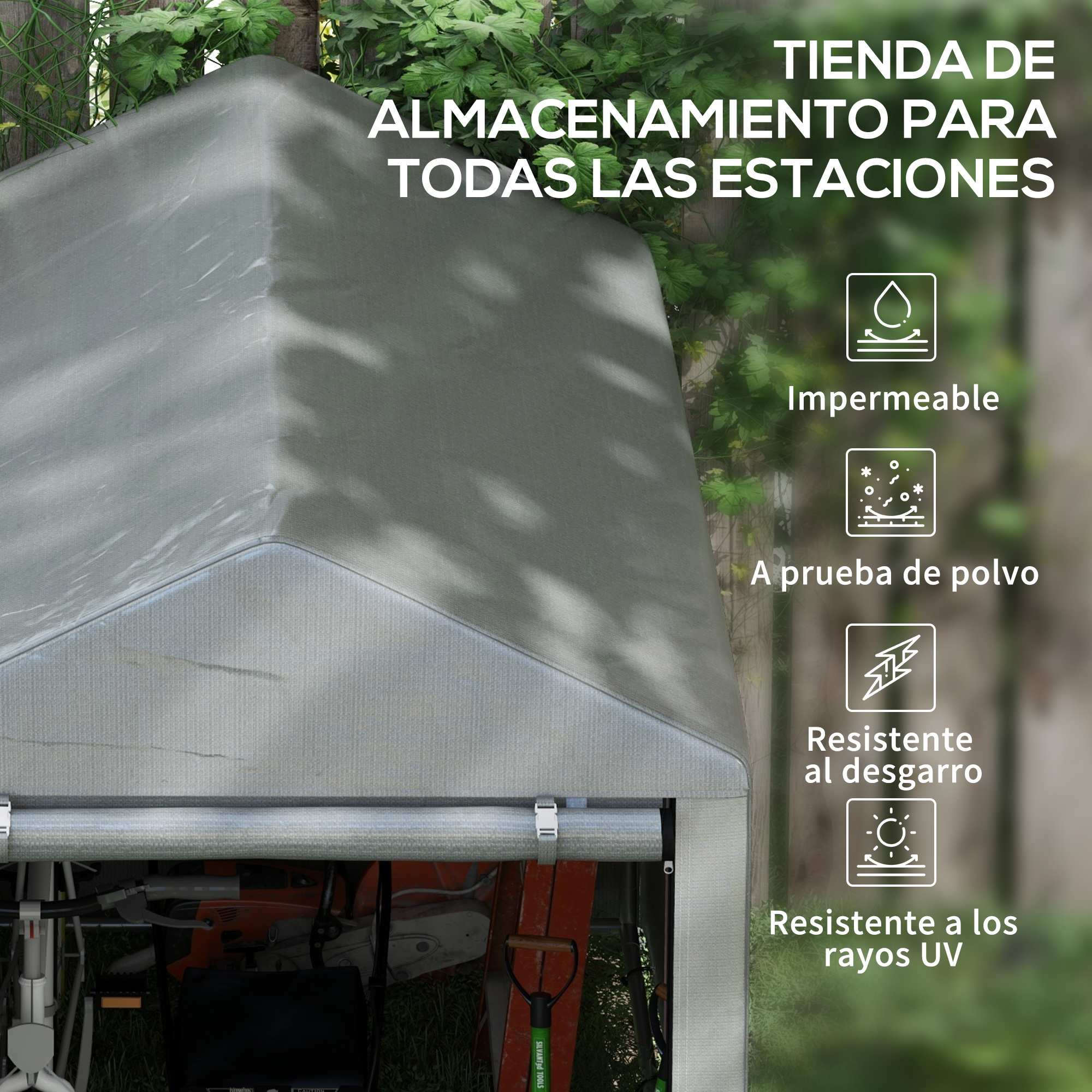 Tienda de almacenamiento gris para todo clima con herramientas adentro. Impermeable.