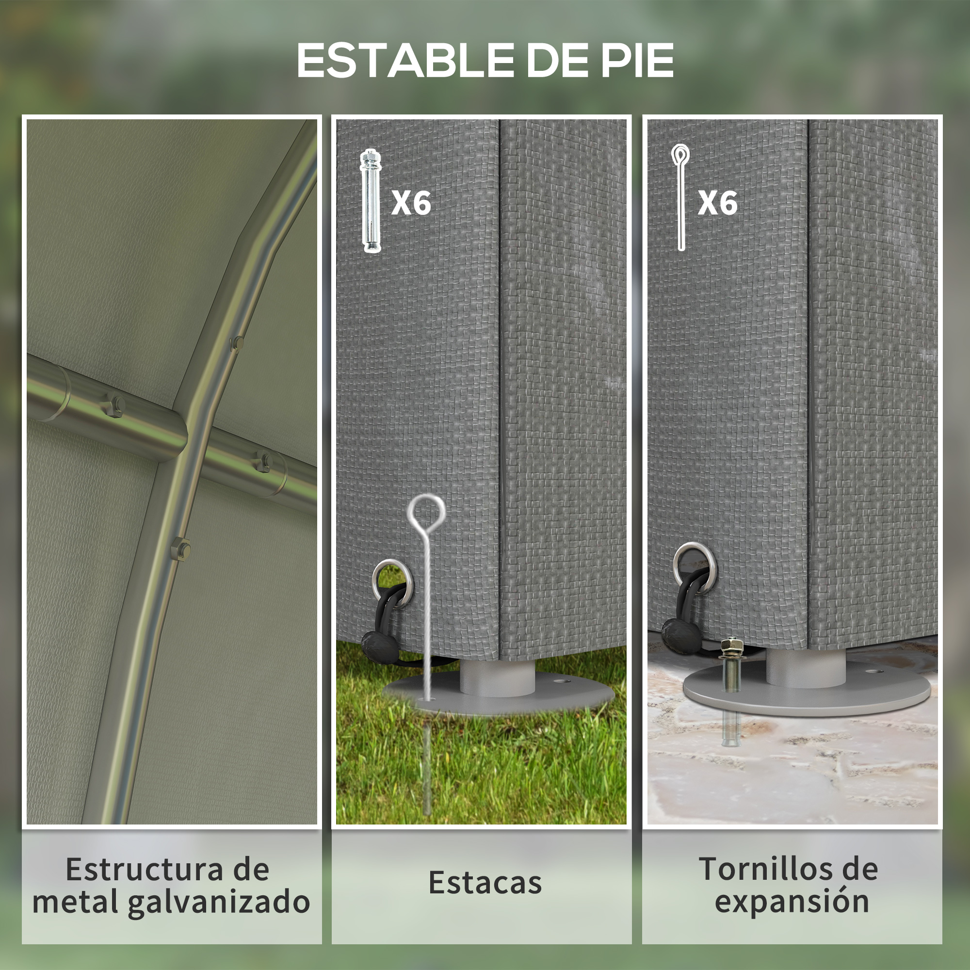 Las imágenes muestran estructura metálica galvanizada, estacas y tornillos.