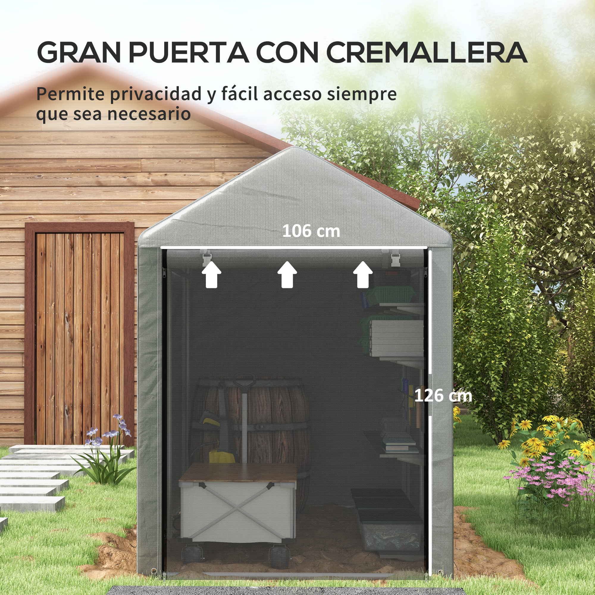 Una carpa gris con puerta de cremallera, junto a puerta de madera y flores.