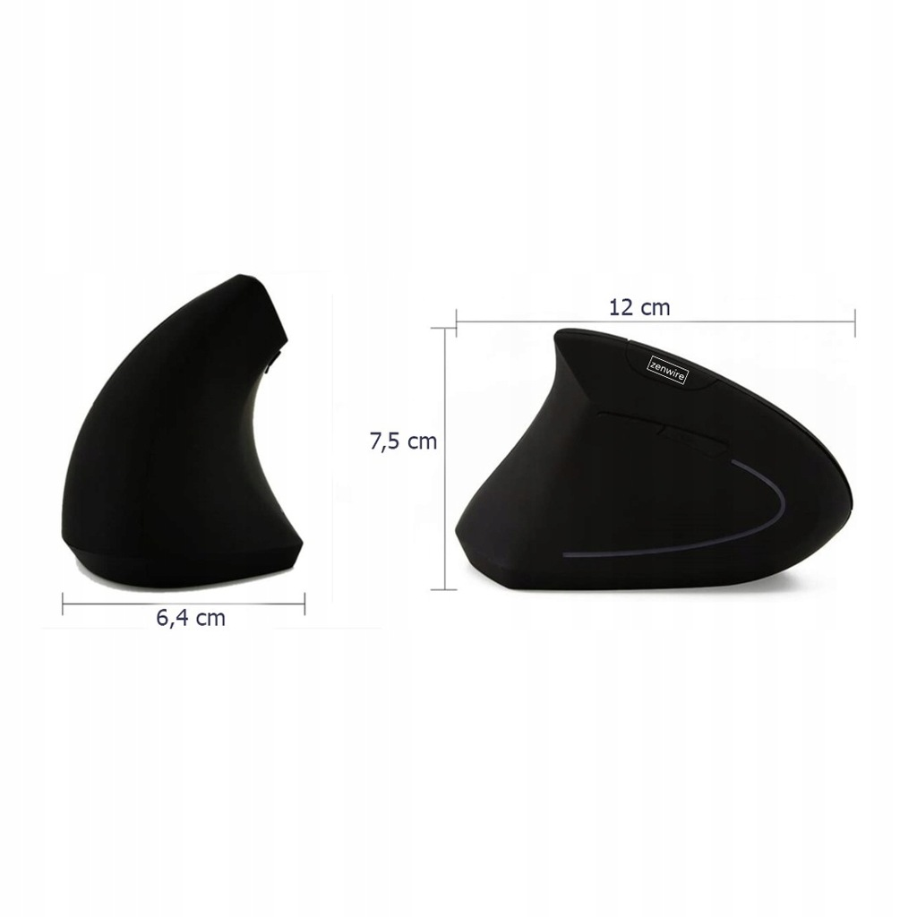 Czarna mysz ergonomiczna o wymiarach: 6,4 cm, 7,5 cm, 12 cm.