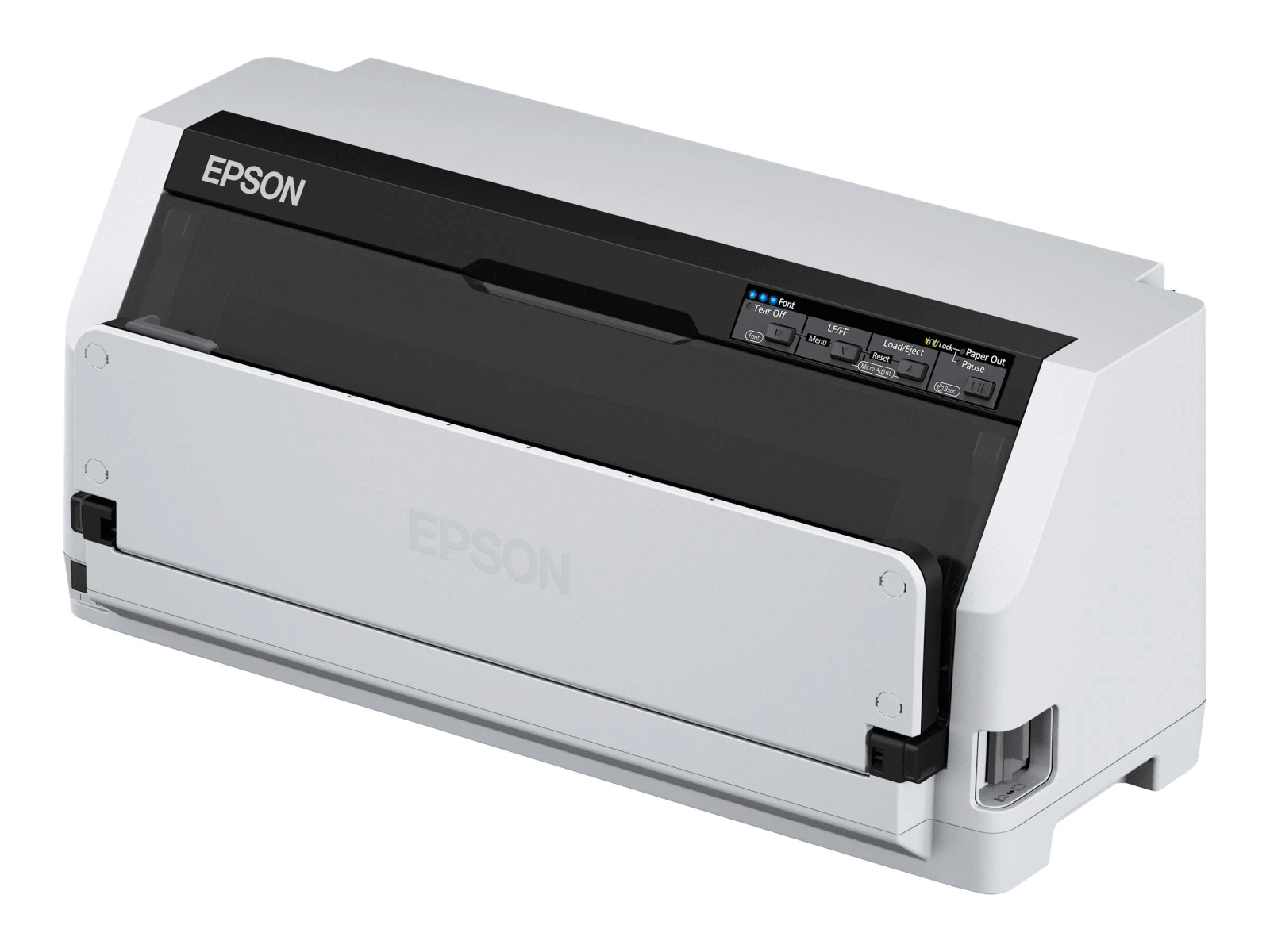 Biała drukarka Epson z czarnym panelem sterowania i przezroczystym okienkiem.