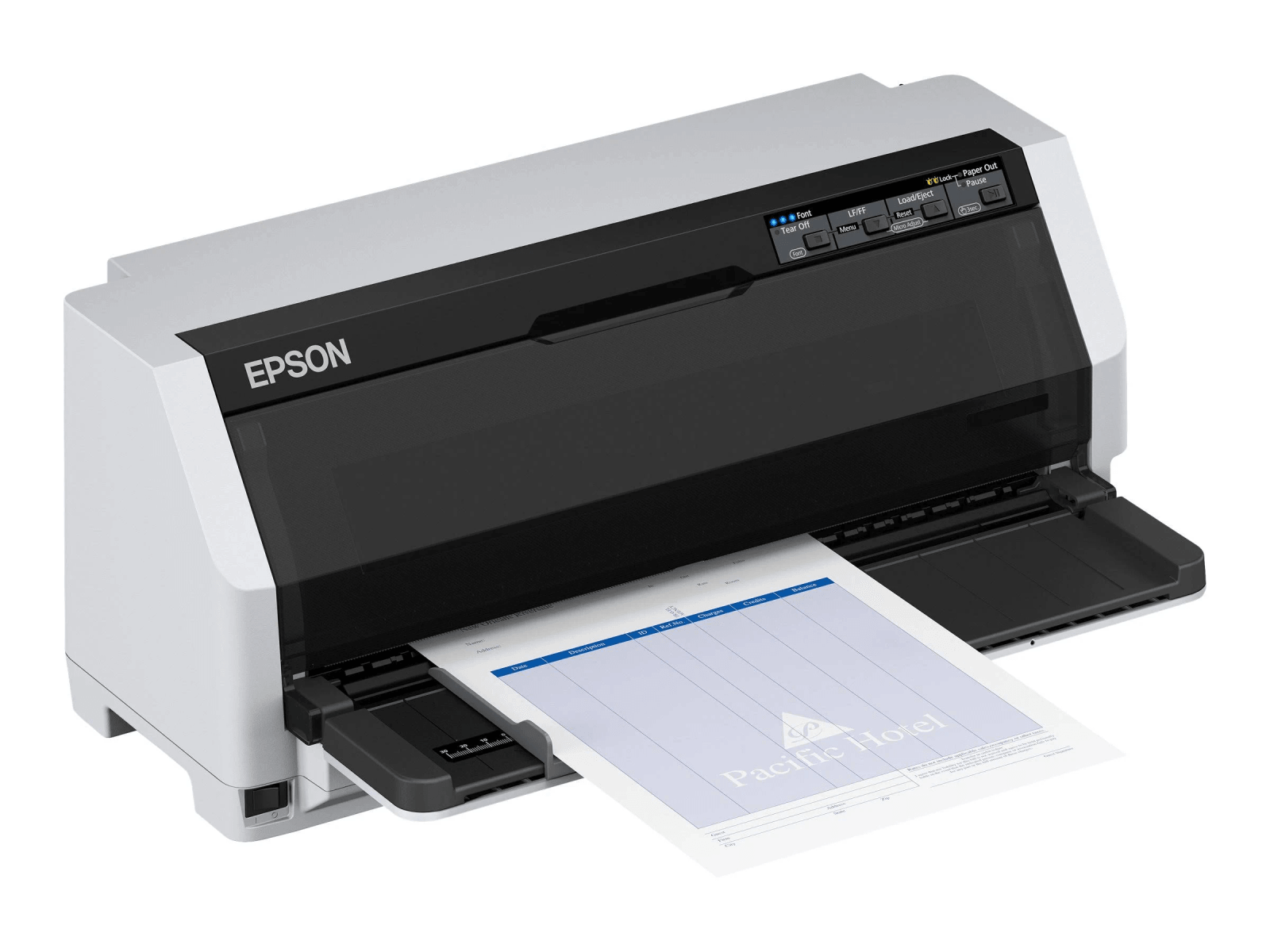 Biała drukarka Epson z wystającym arkuszem papieru.