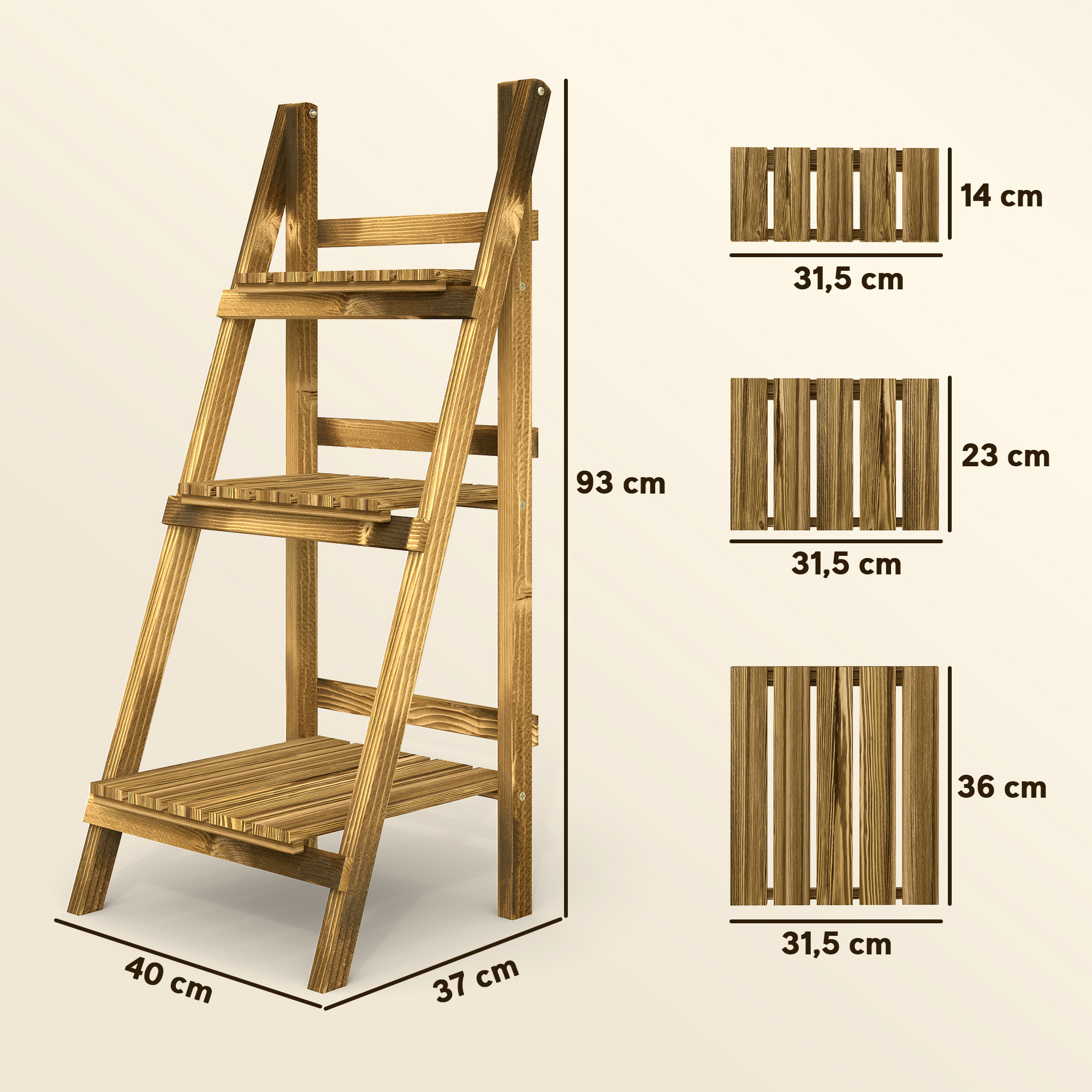 Estante de madera de tres niveles, 93cm alto, 40cm ancho, 37cm profundo. Dimensiones mostradas.