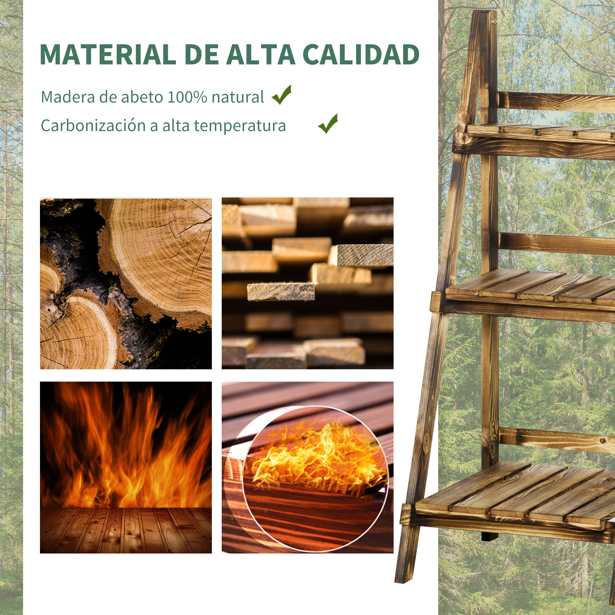 Estantería de madera de cuatro niveles para exteriores. Primeros planos de vetas de madera, pilas y llamas.