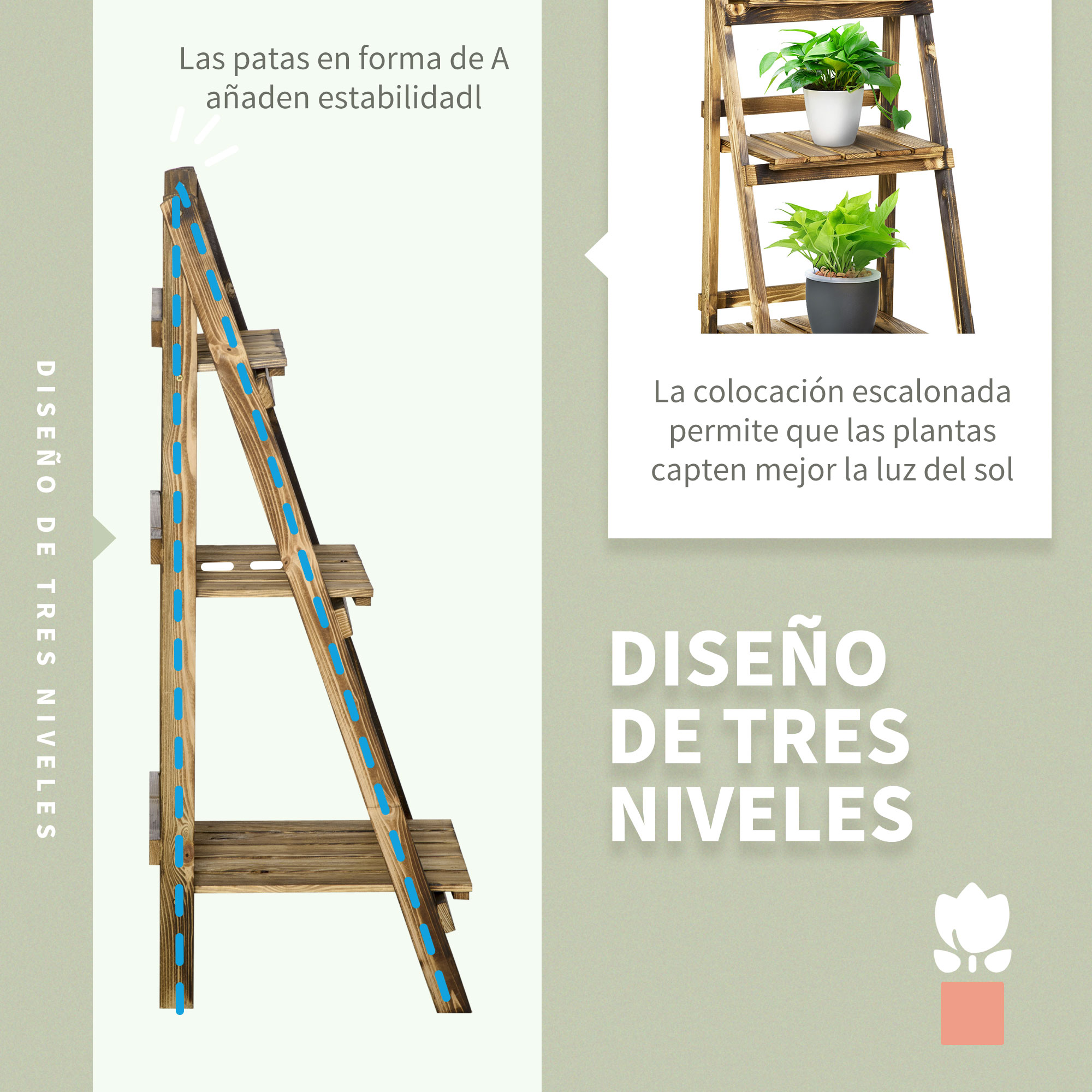 Un soporte para plantas de madera de tres niveles con patas en forma de A.