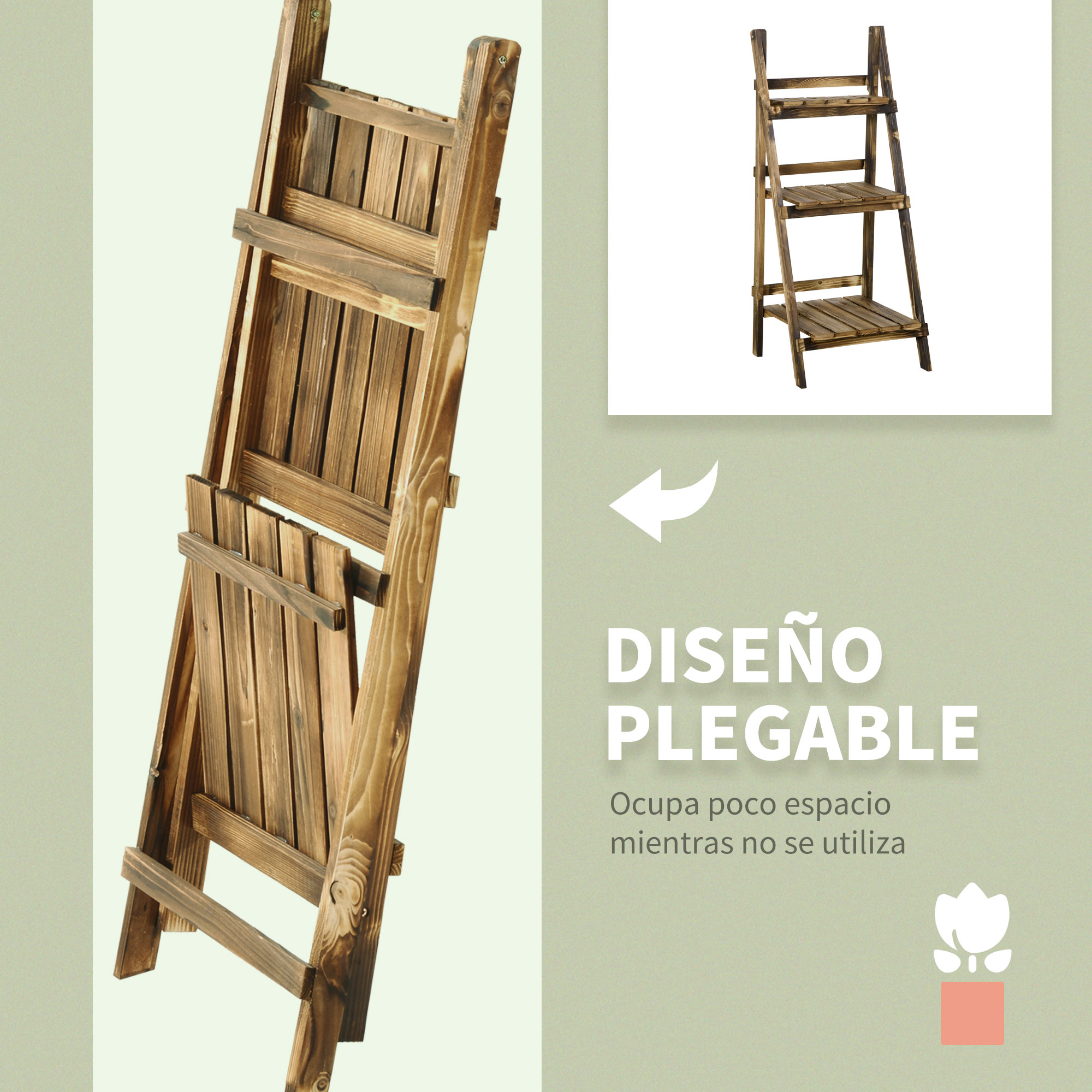 Un estante de madera plegable que ahorra espacio cuando no se usa.