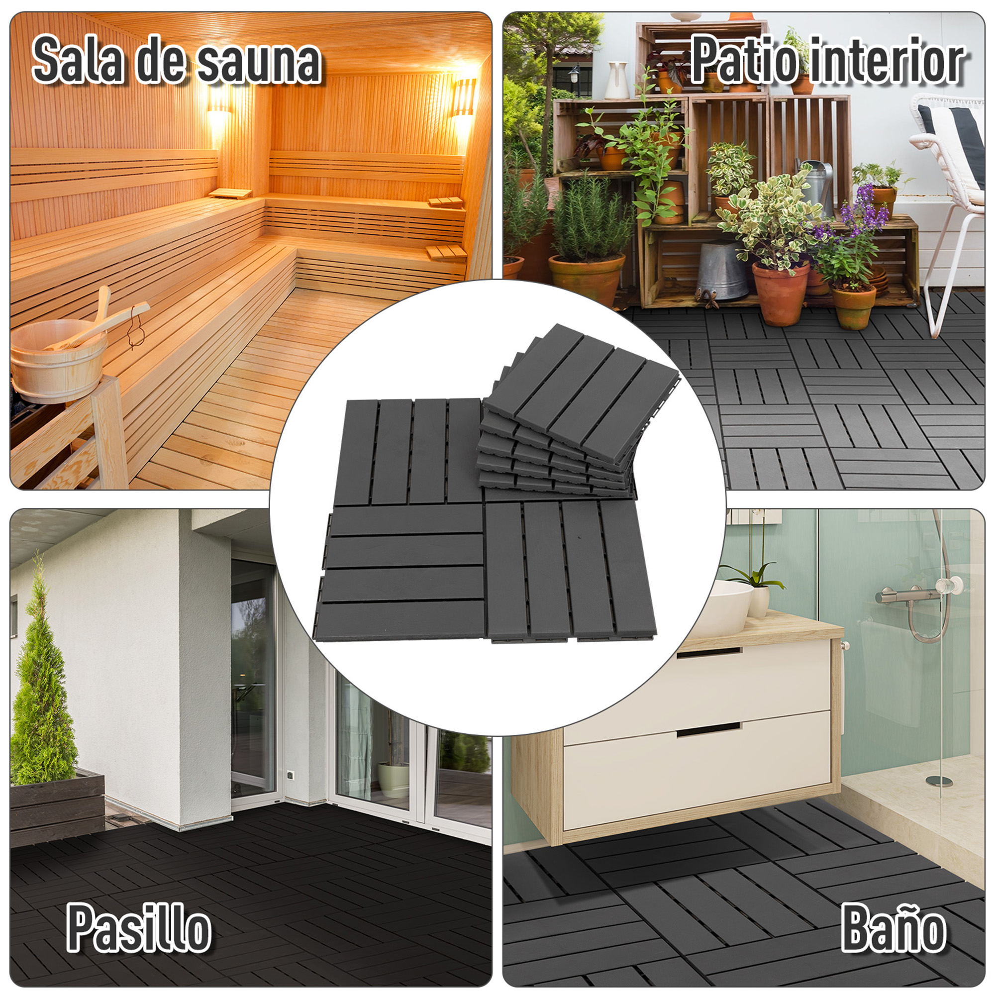 Cuatro imágenes muestran baldosas de madera en diferentes entornos: sauna, patio, pasillo y baño.