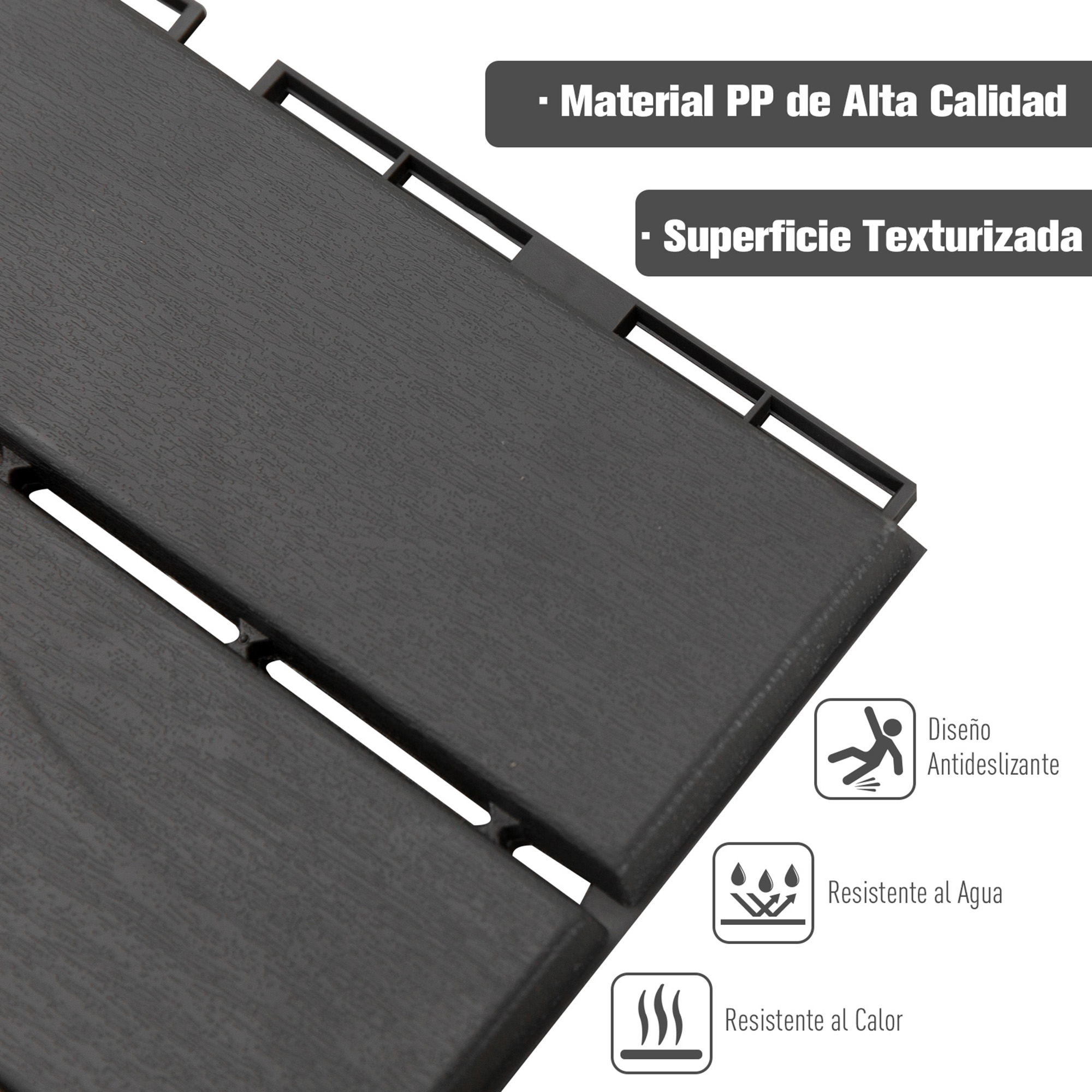 Baldosas grises oscuras entrelazadas con superficie texturizada. Antideslizante, impermeable.