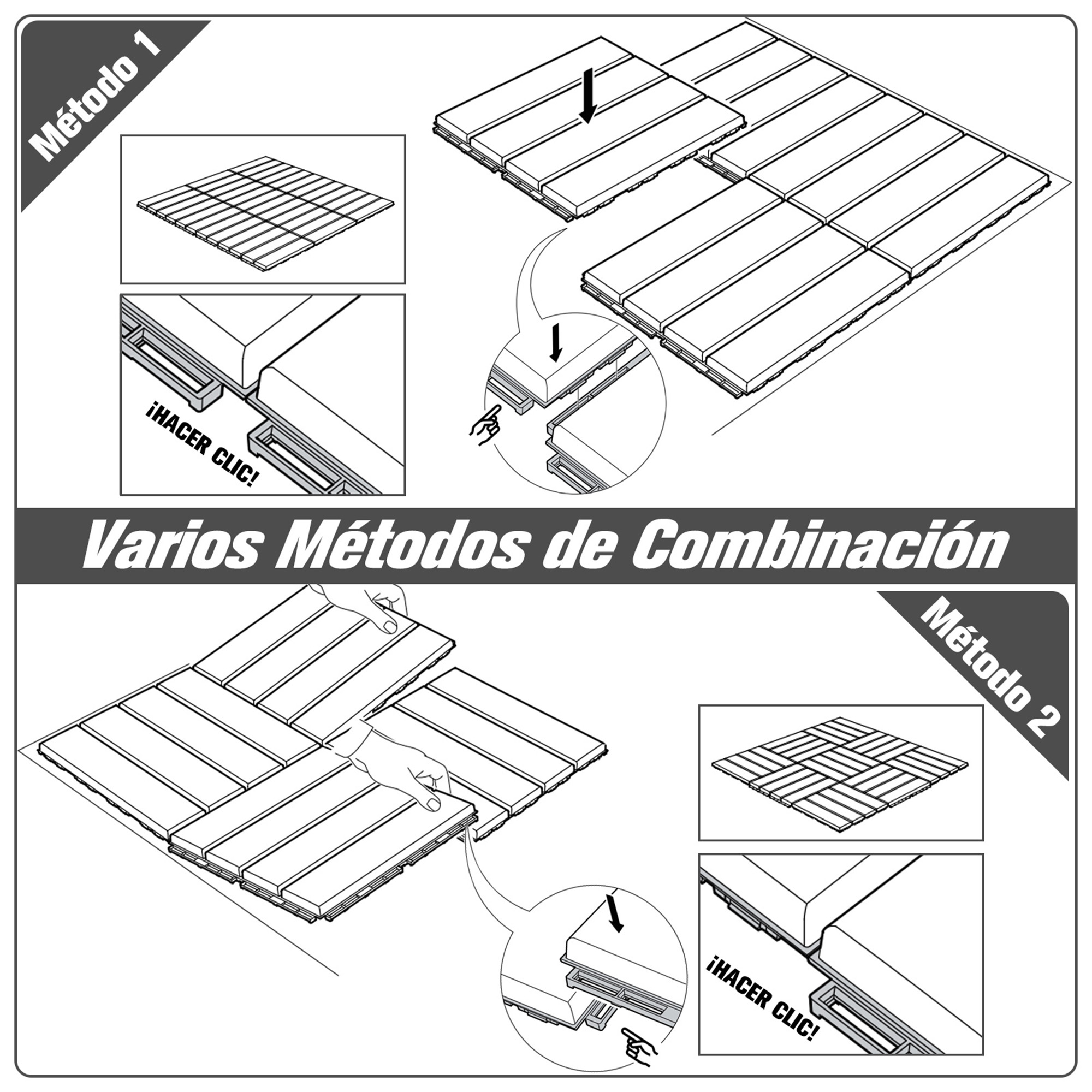 Ilustración muestra dos métodos de combinación de baldosas, con detalles en primer plano.
