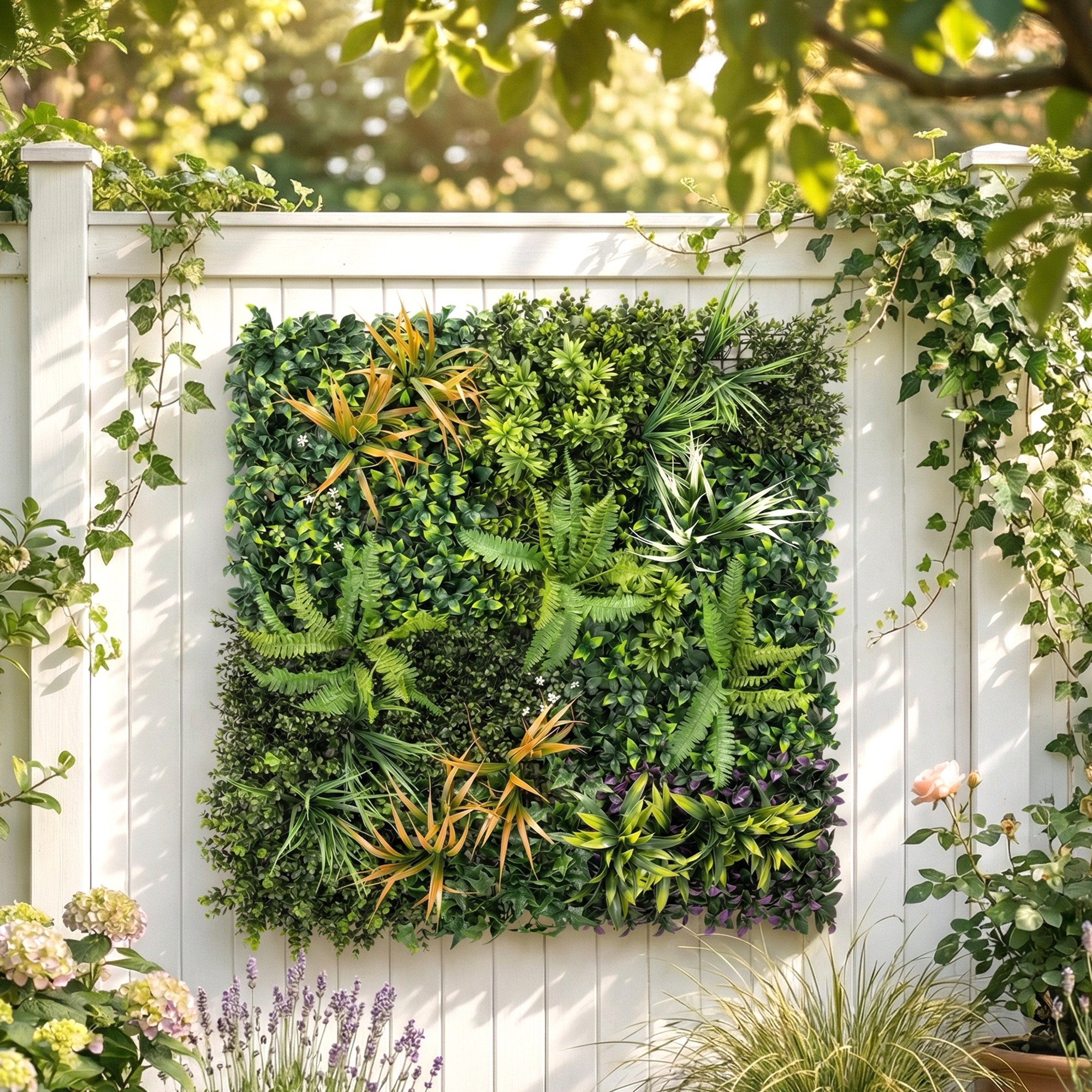 Una pared verde de plantas cuelga de una valla blanca con flores delante.