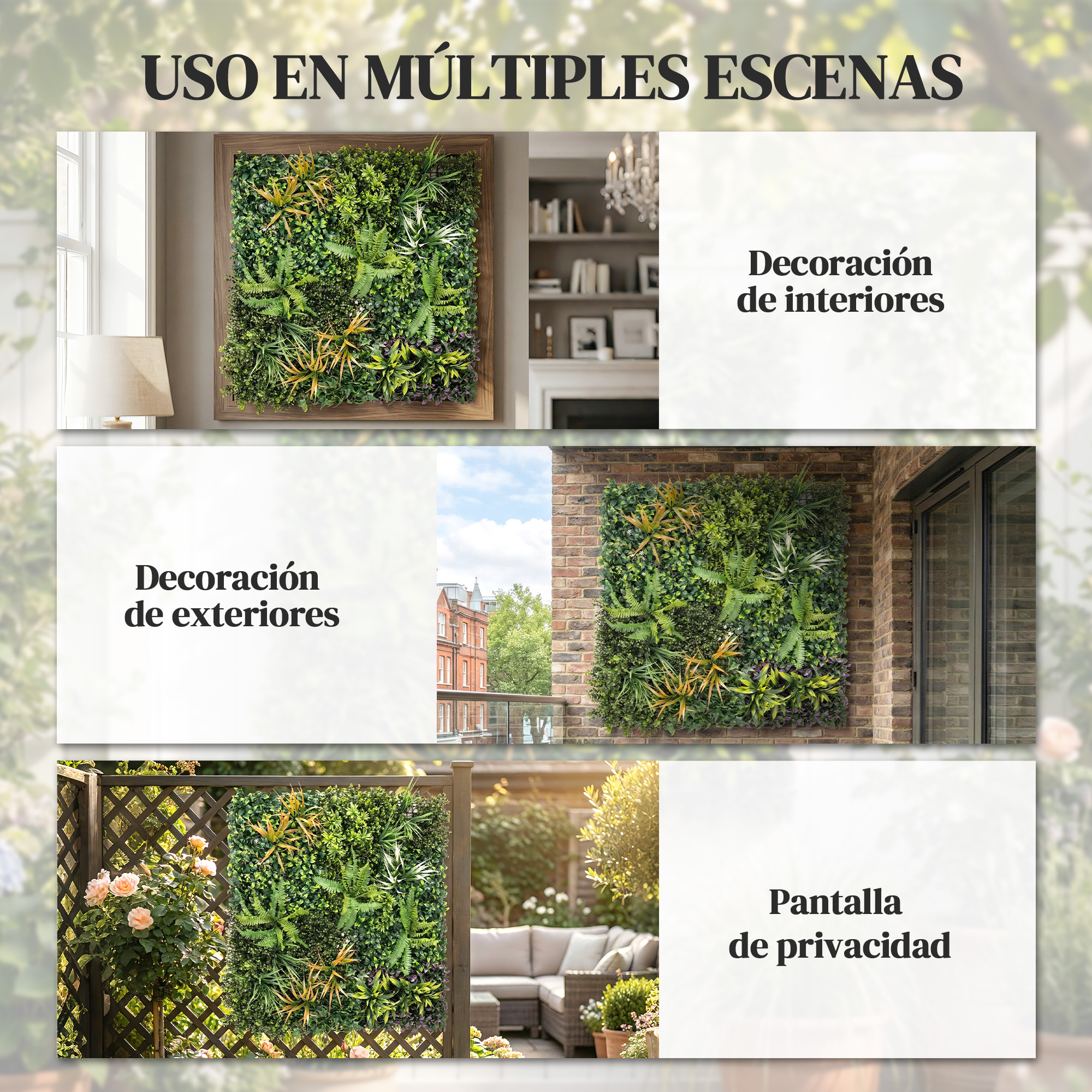 Jardín vertical para interior, exterior y pantalla de privacidad.