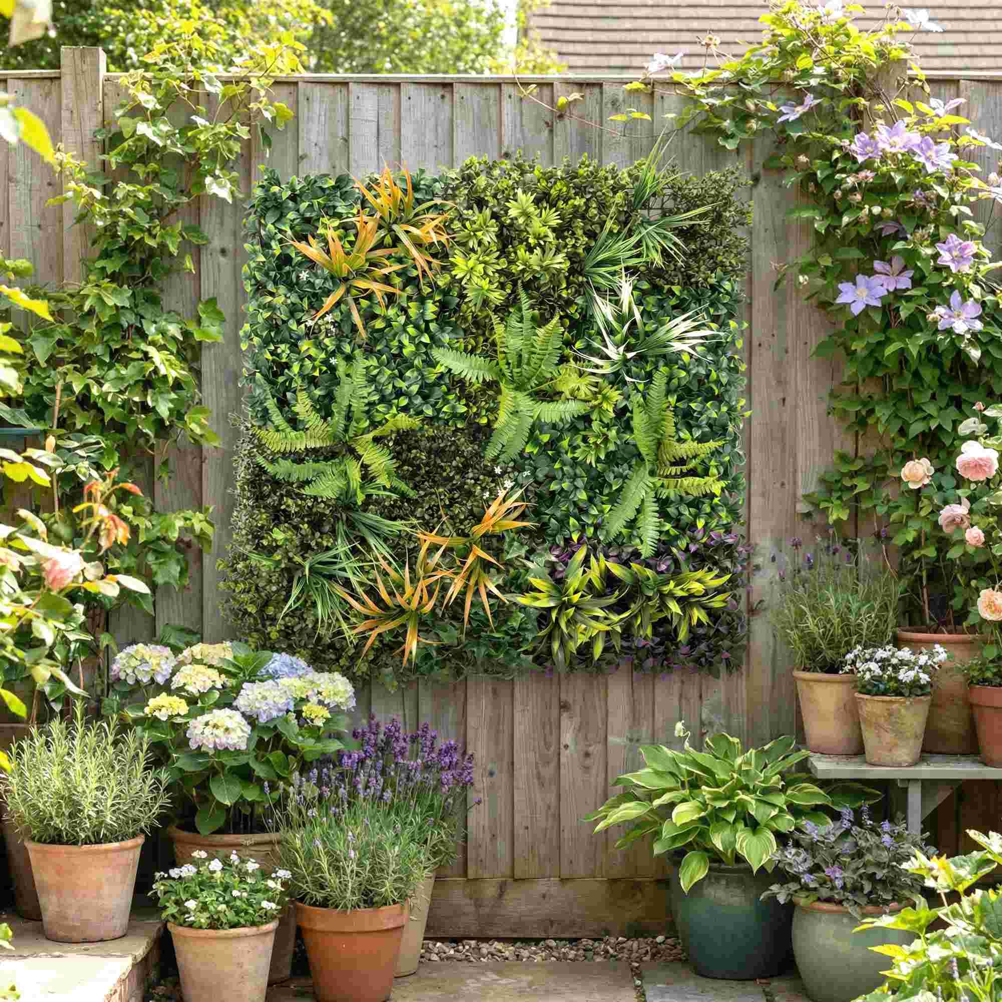 Un jardín vertical con varias plantas en una valla de madera, rodeado de macetas.