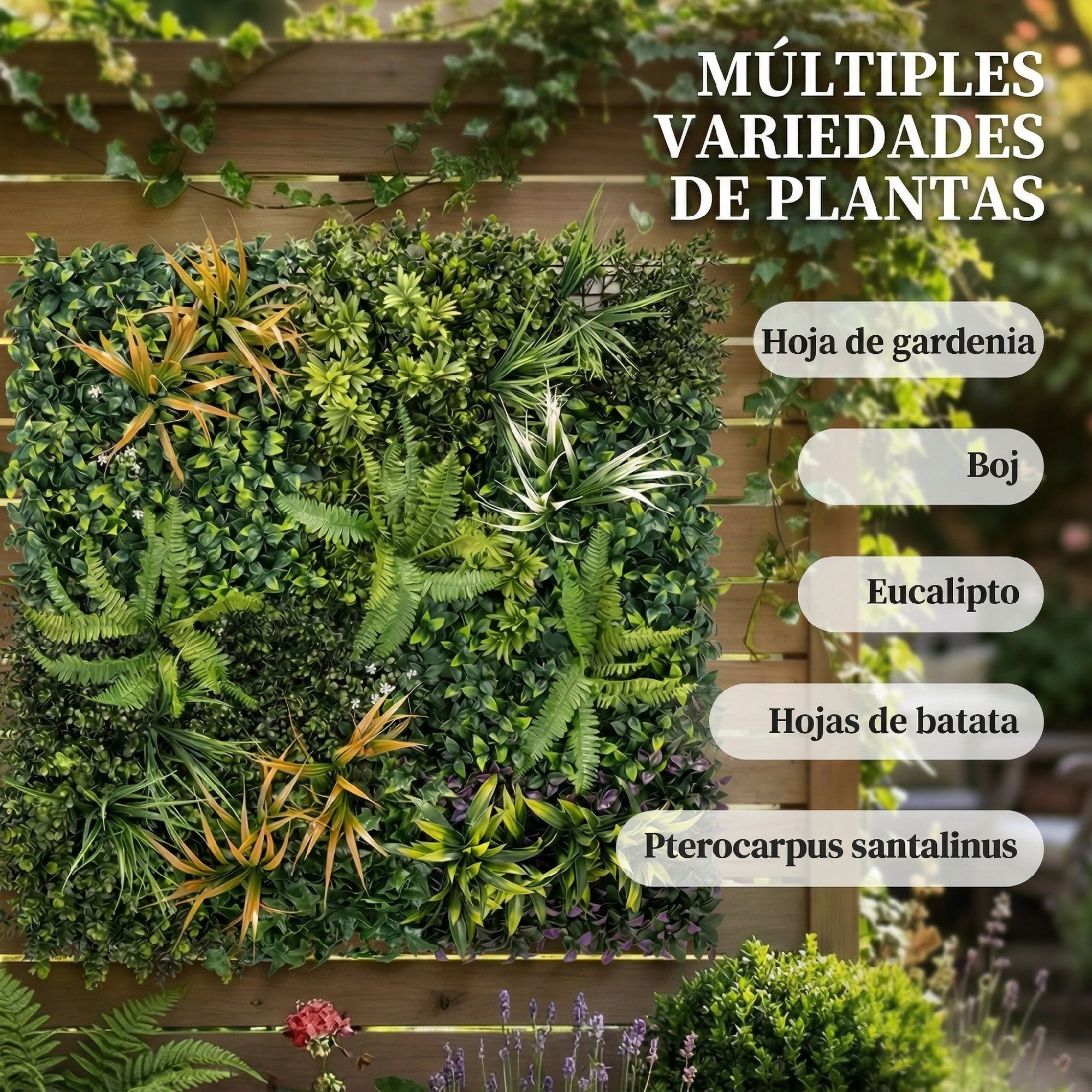 Un jardín vertical con plantas verdes y amarillas exuberantes sobre una pared de madera.