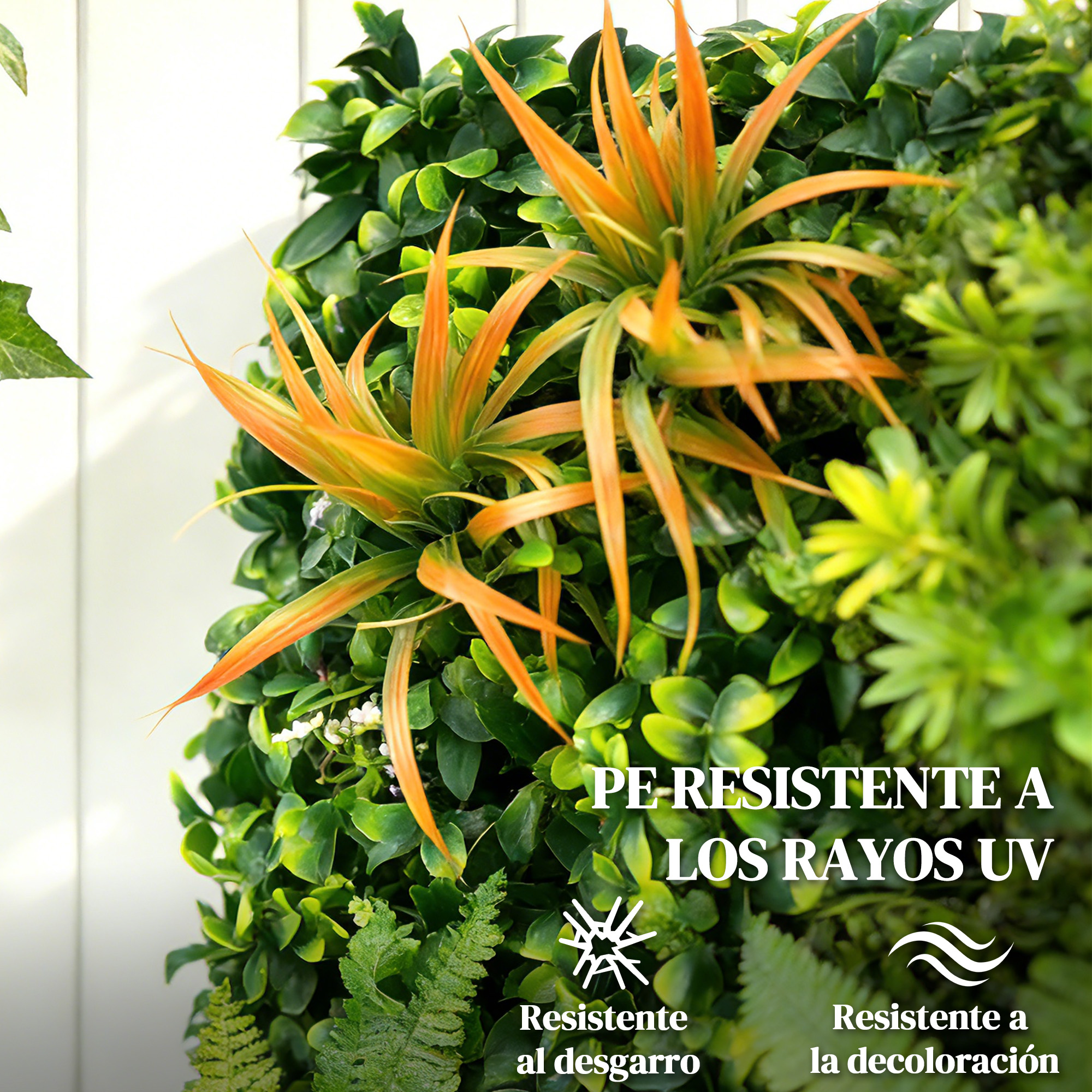 Pared de plantas artificiales con acentos naranjas y texto.