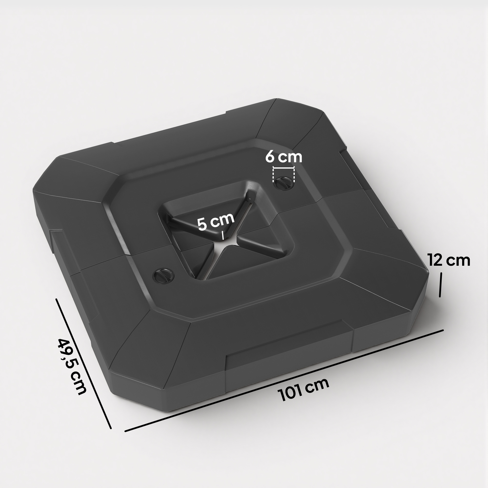 Base rectangular negra con dimensiones: 101cm L, 49,5cm An, 12cm Al, 5cm y 6cm.