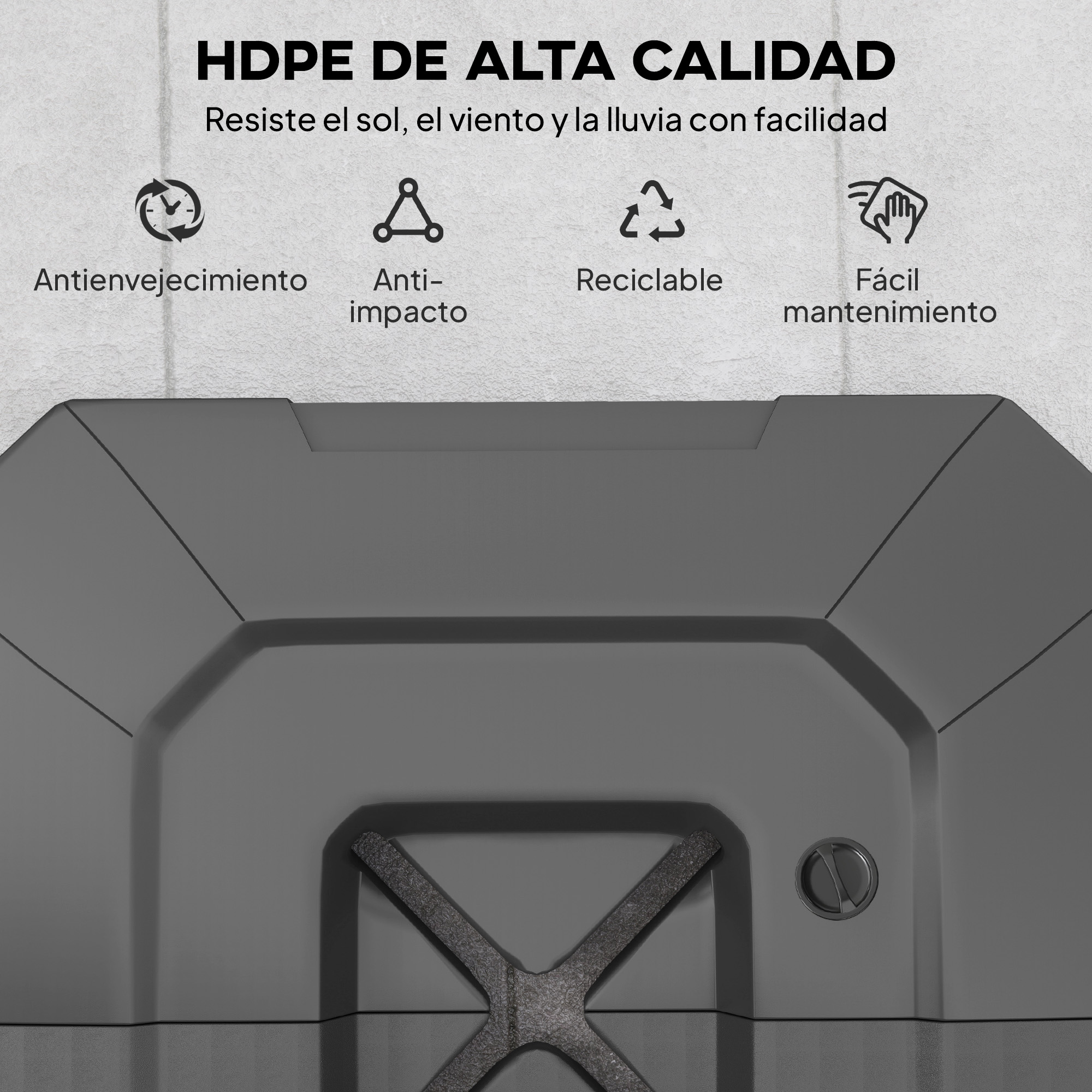Contenedor gris con iconos de antienvejecimiento, antiimpacto, reciclable y fácil mantenimiento.