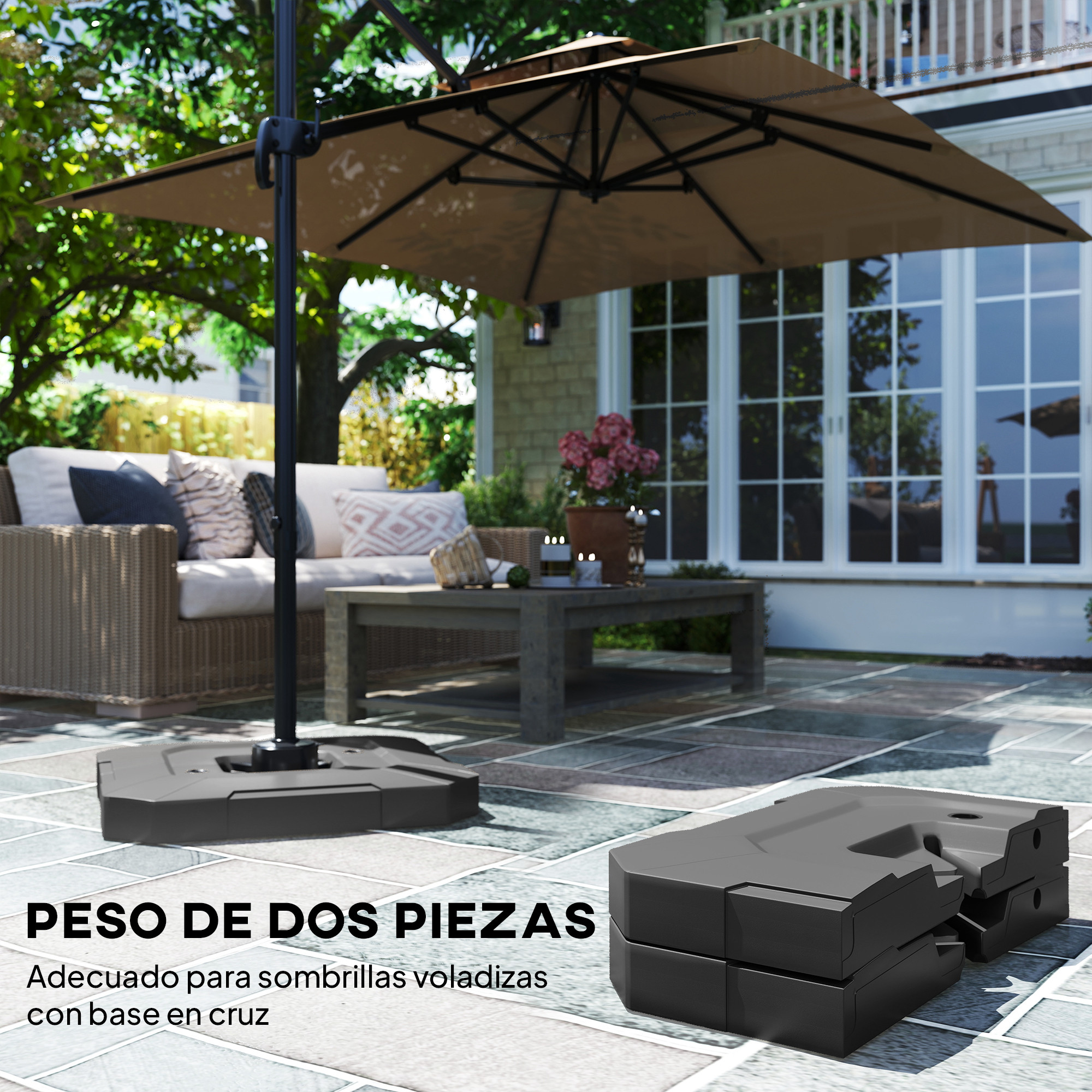 Una base de sombrilla de patio con dos pesos negros en un patio pavimentado.