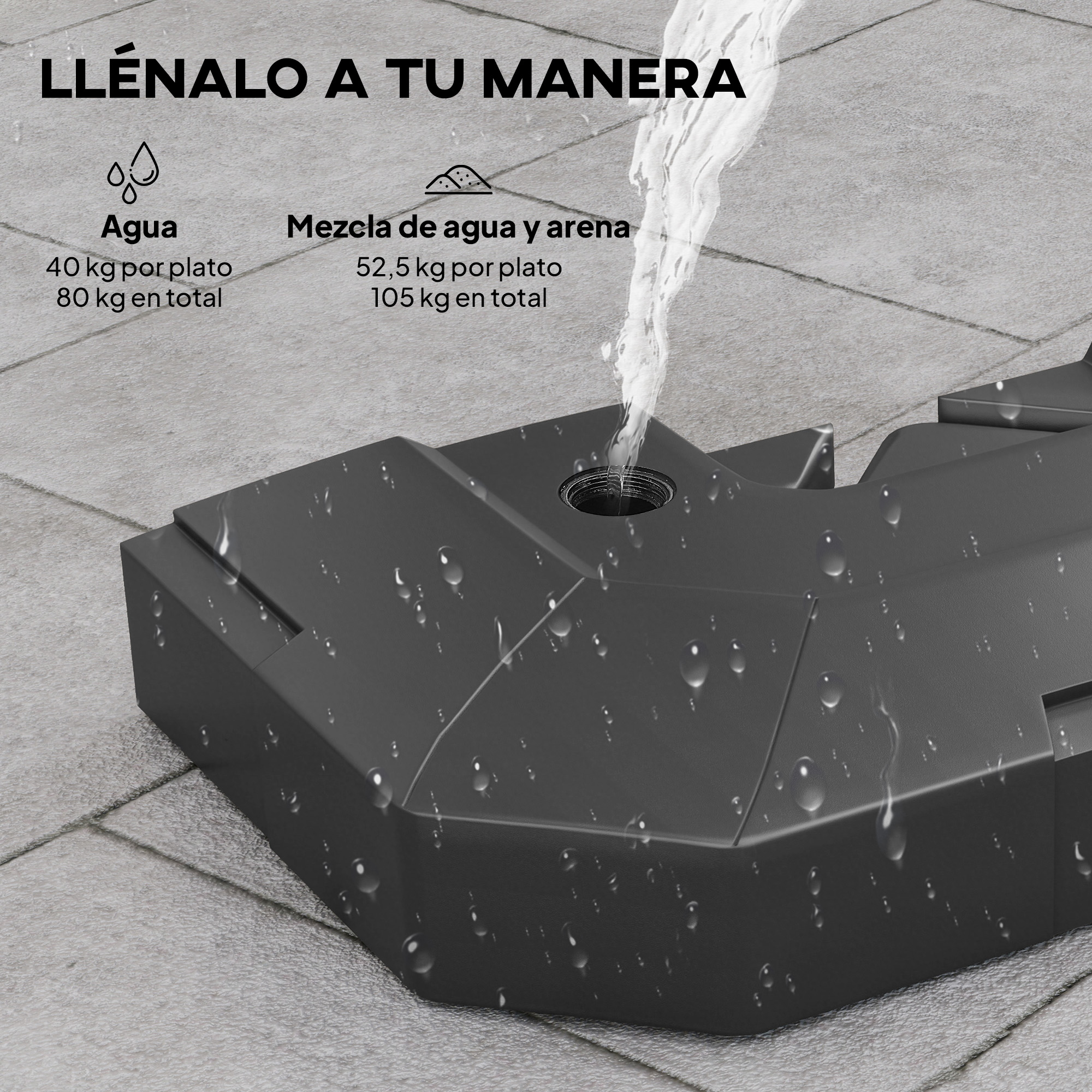 Una base de sombrilla gris se llena de agua. El texto indica opciones de llenado.