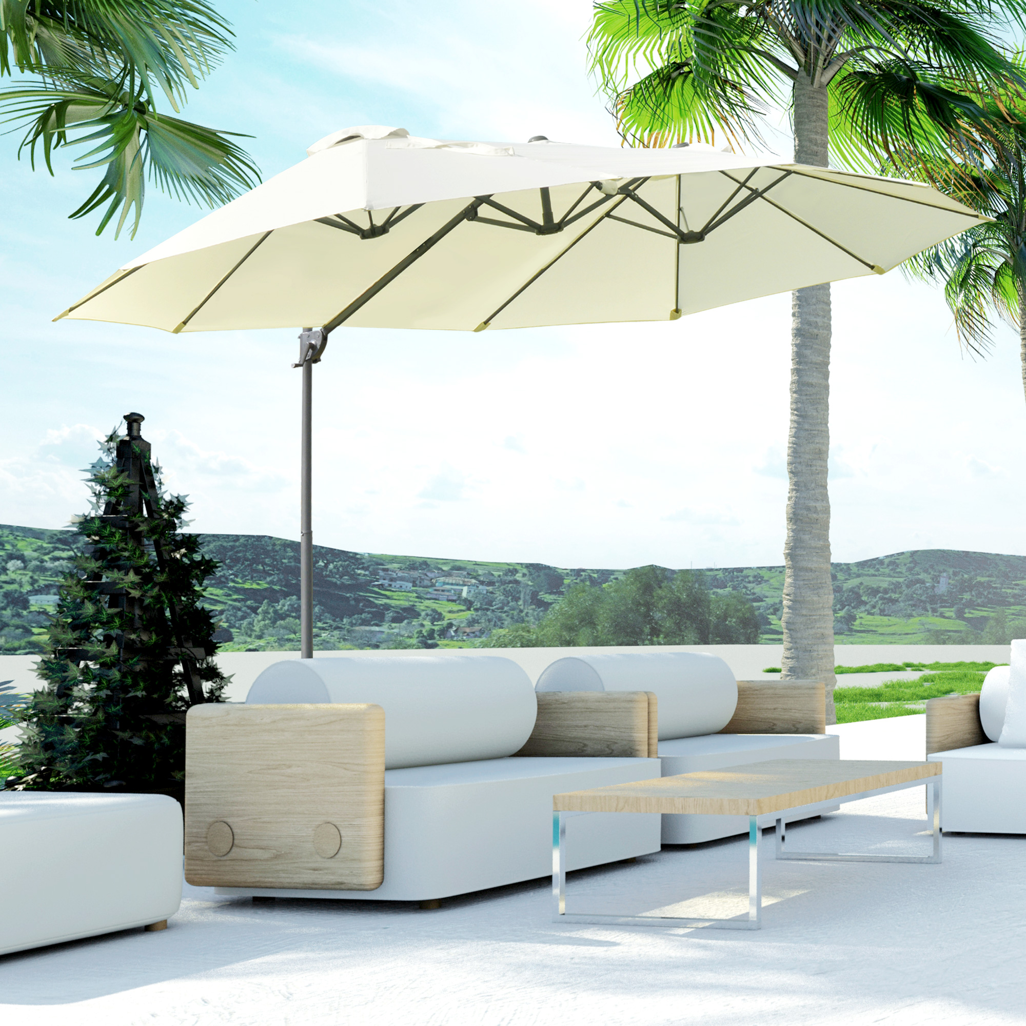 Mobiliario de salón blanco para exteriores bajo sombrilla con palmeras.